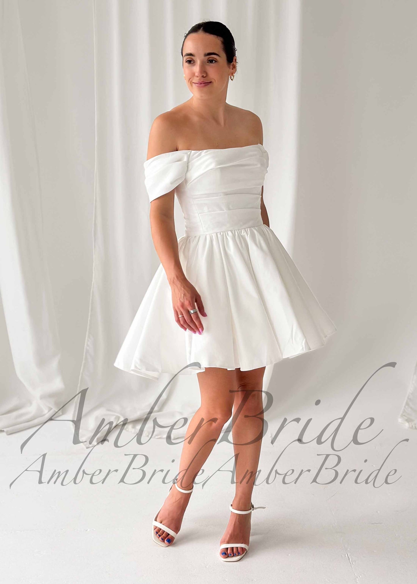 Satin Knee Length Wedding Dress with Off-Shoulder Sleeves and Layered Bodice