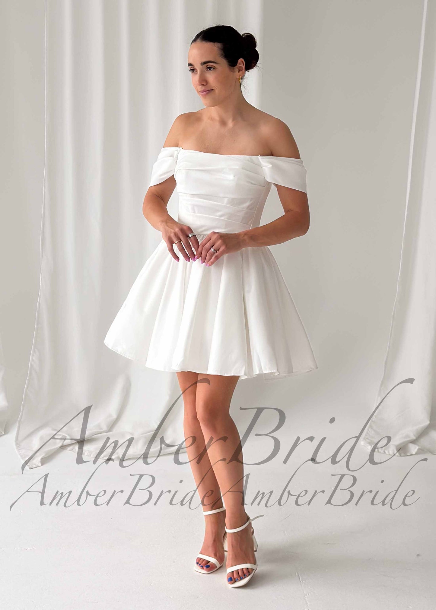 Satin Knee Length Wedding Dress with Off-Shoulder Sleeves and Layered Bodice