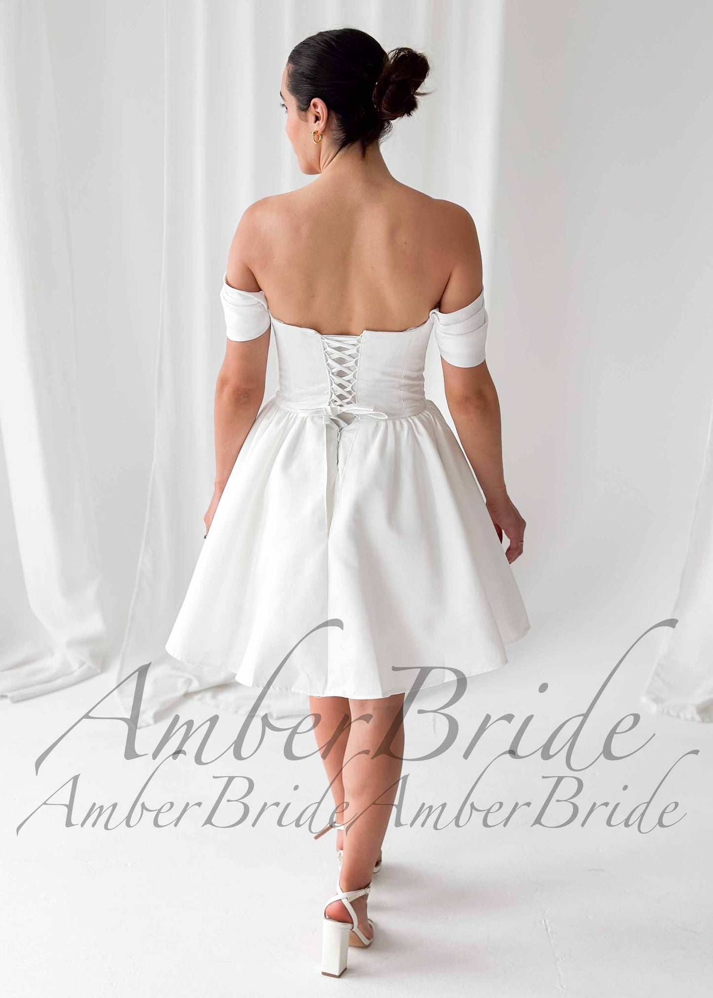 Satin Knee Length Wedding Dress with Off-Shoulder Sleeves and Layered Bodice