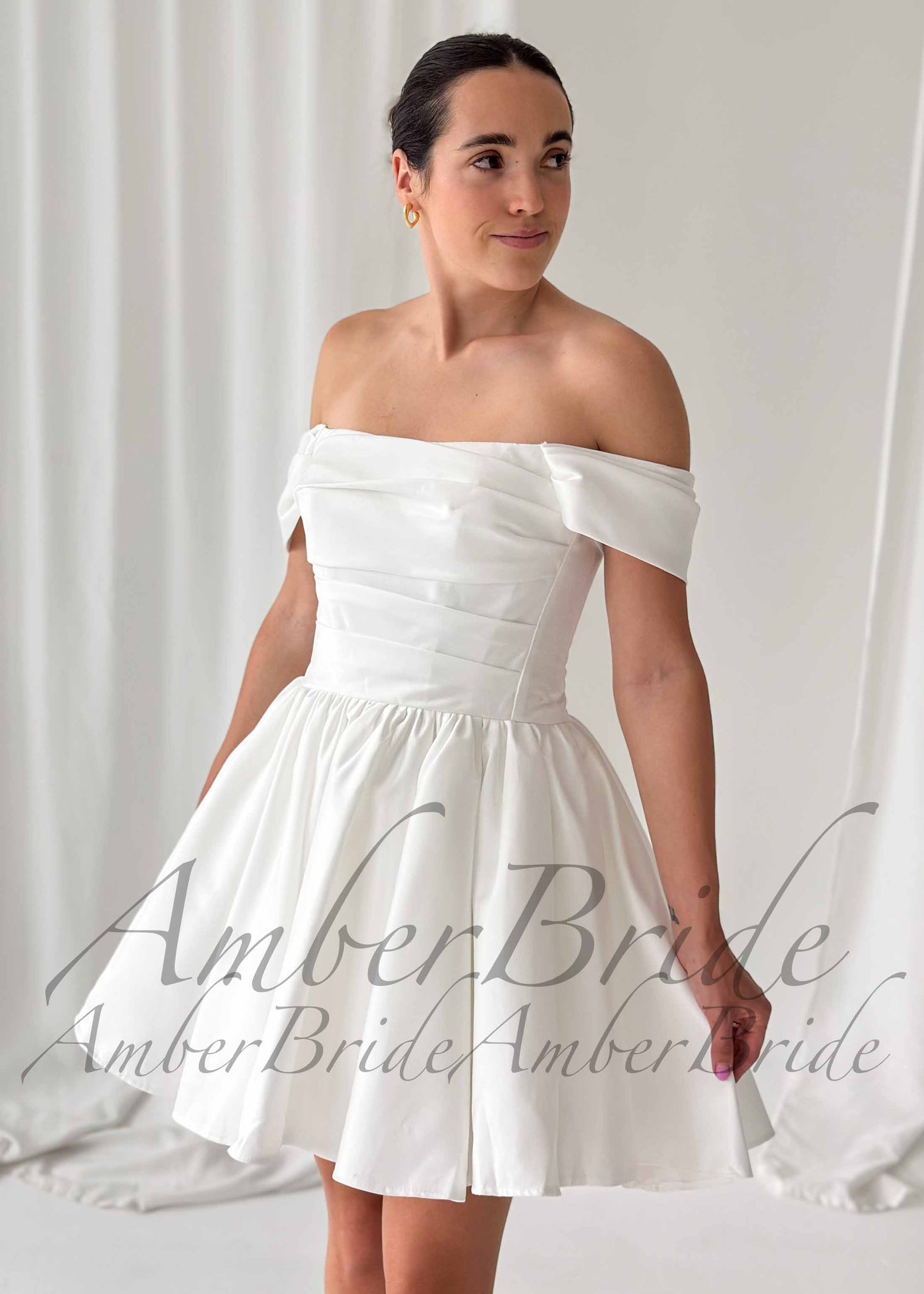 Satin Knee Length Wedding Dress with Off-Shoulder Sleeves and Layered Bodice