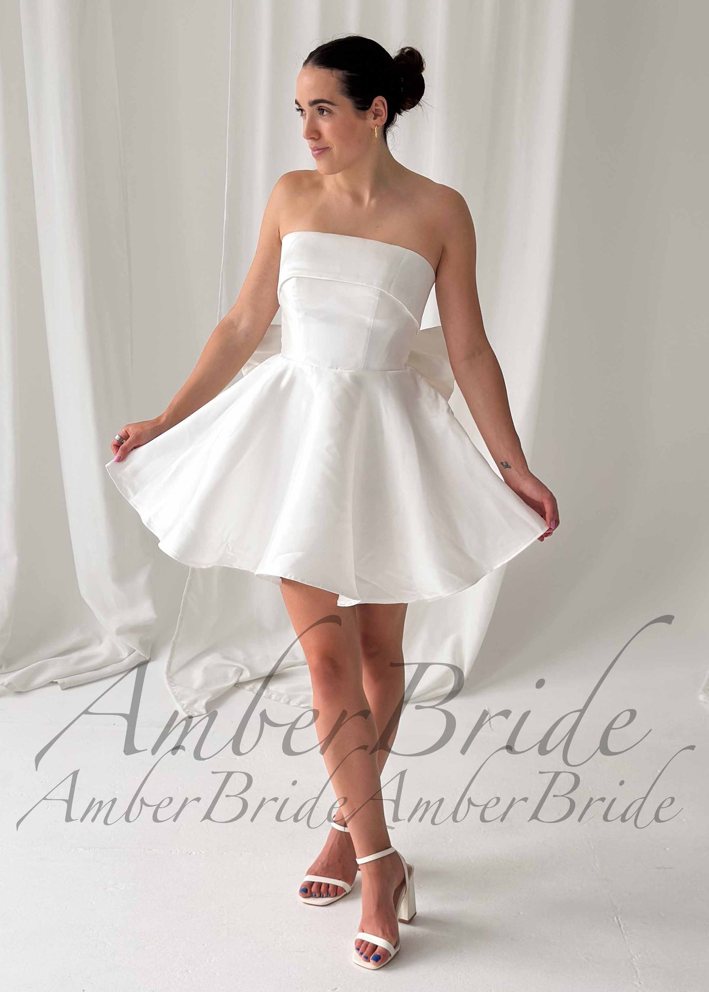 Short Strapless Satin Wedding Dress with Detachable Bow