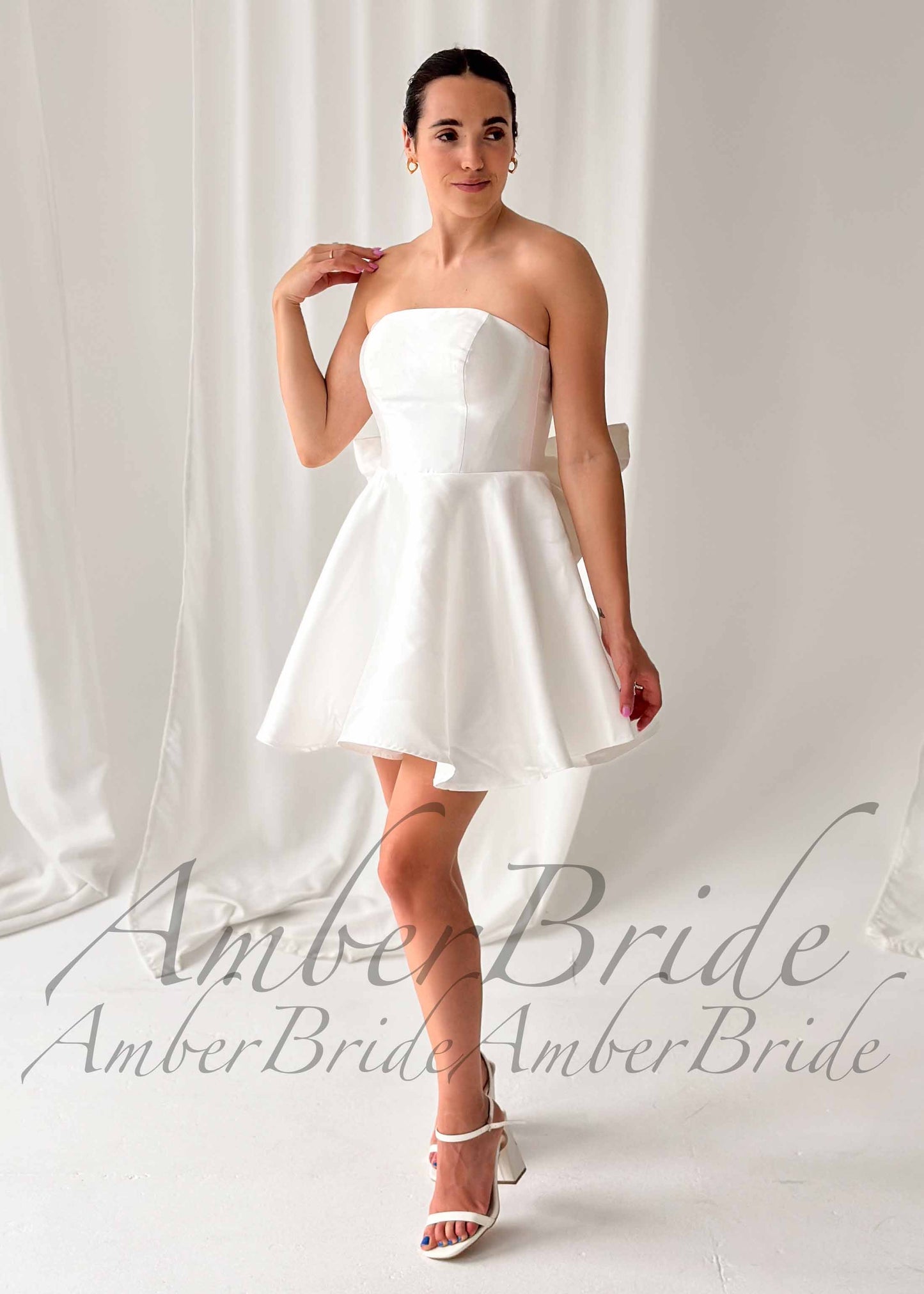 Short Strapless Satin Wedding Dress with Detachable Bow