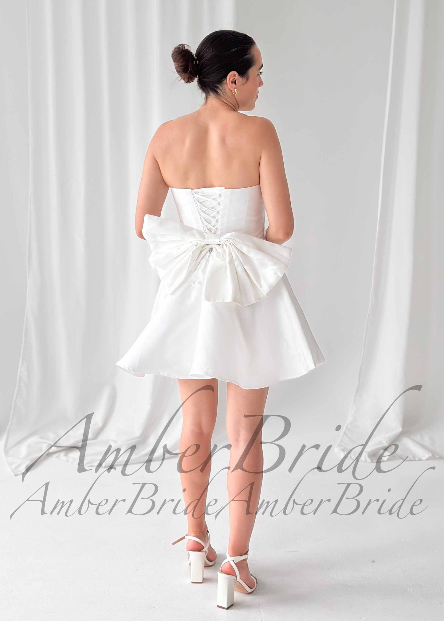 Short Strapless Satin Wedding Dress with Detachable Bow