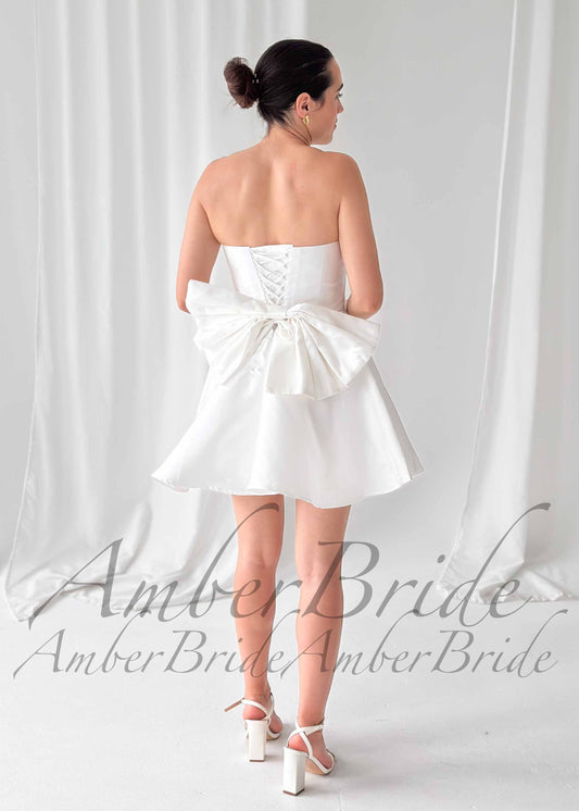 STOCK SELL-OUT: Short Strapless Satin Wedding Dress with Detachable Bow