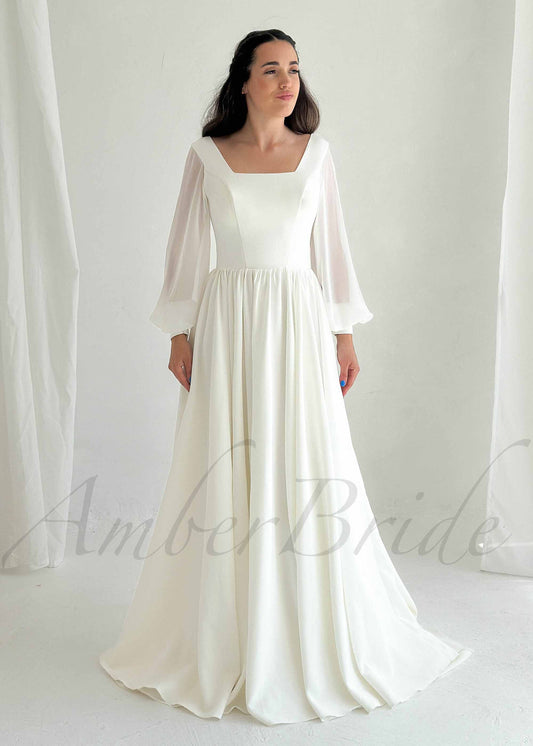 Simple A Line Chiffon Wedding Dress with Square Neck and Puffy Sleeves