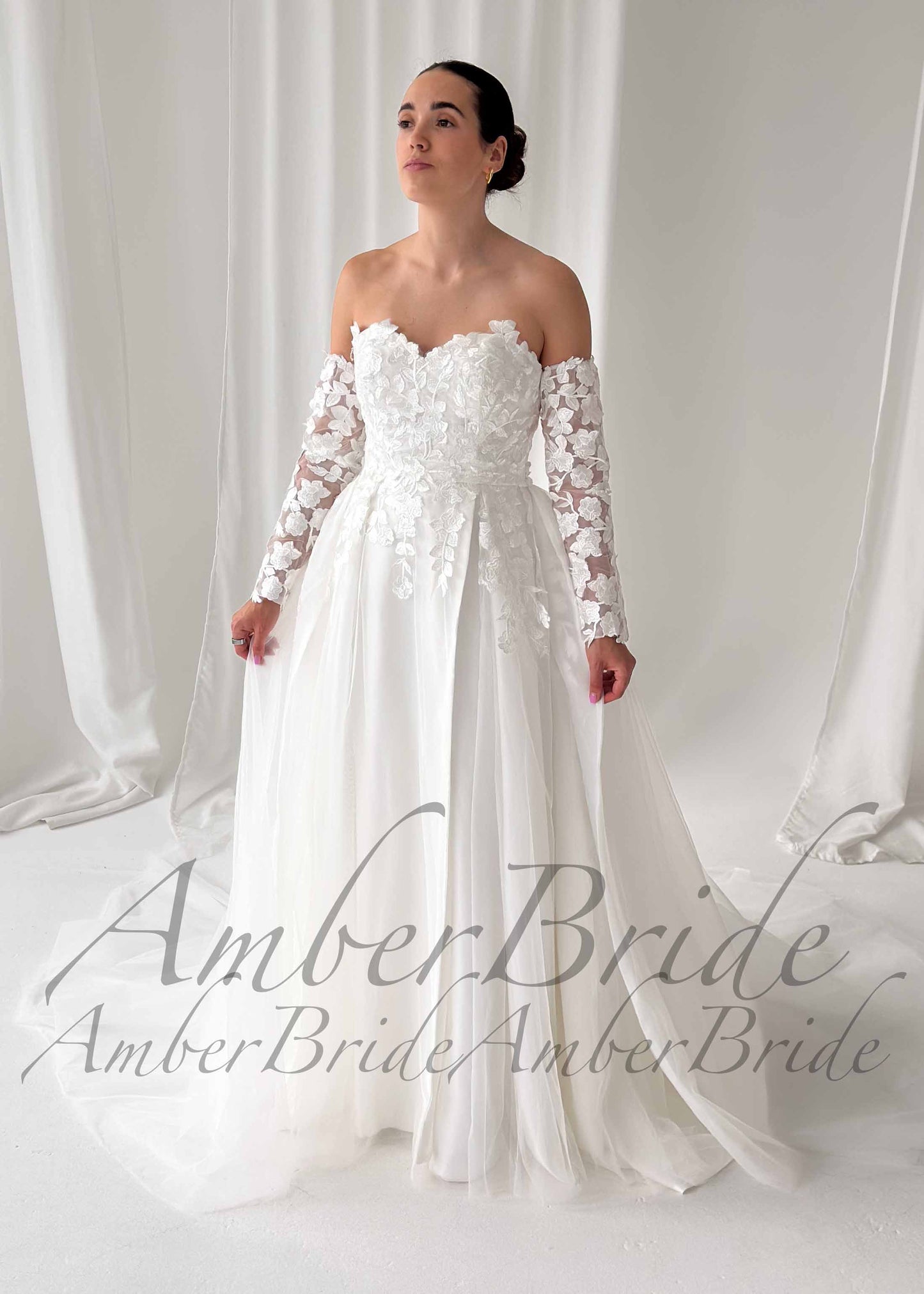 STOCK SELL-OUT: Floral Applique Strapless A-Line Wedding Dress with Slit and Detachable Long Sleeves