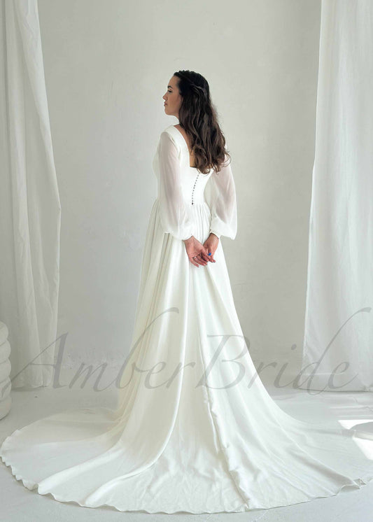 Simple A Line Chiffon Wedding Dress with Square Neck and Puffy Sleeves