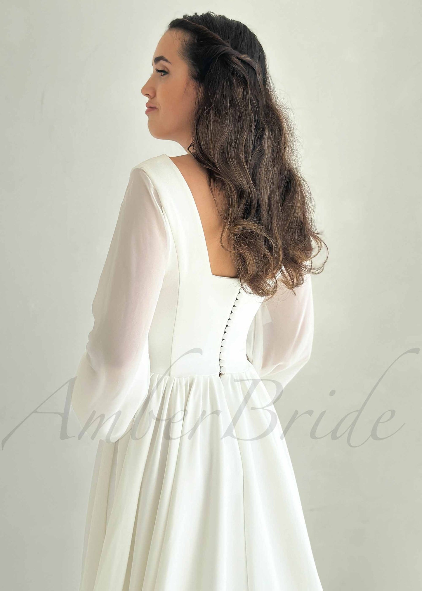 Simple A Line Chiffon Wedding Dress with Square Neck and Puffy Sleeves