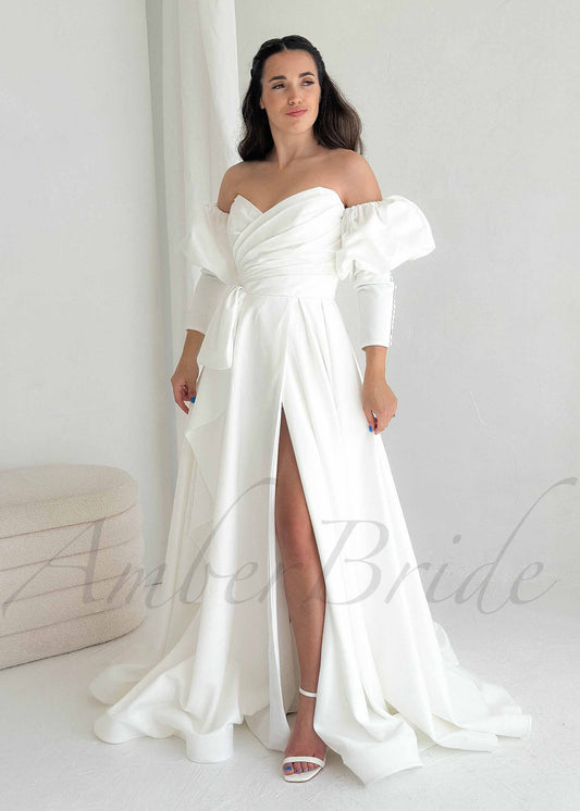 Strapless A Line Satin Wedding Dress with Detachable Bishop Sleeves