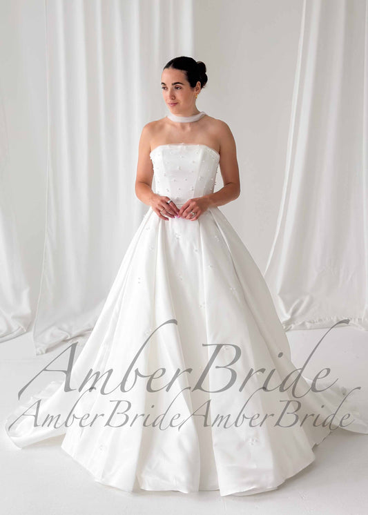 Pearl Embellished Strapless Satin Ball Gown Wedding Dress