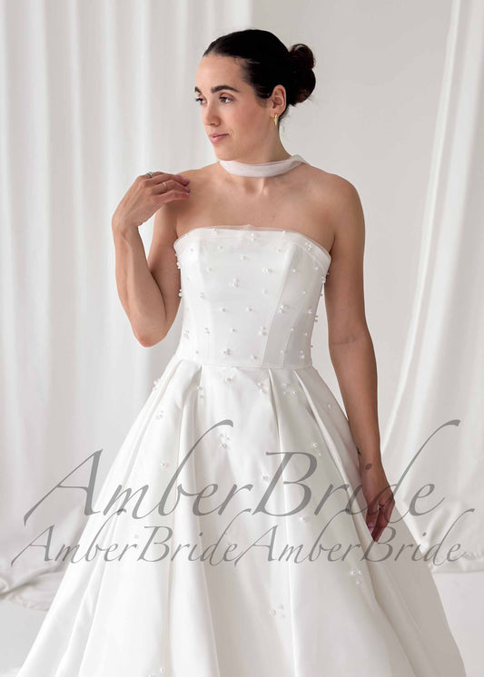Pearl Embellished Strapless Satin Ball Gown Wedding Dress