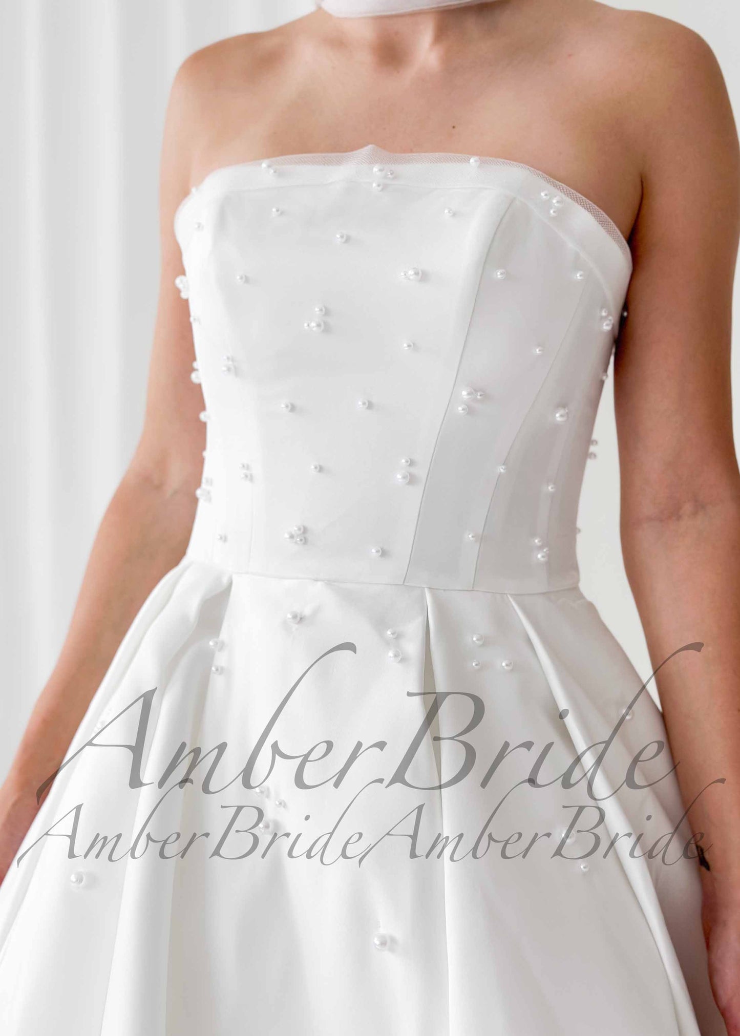 Pearl Embellished Strapless Satin Ball Gown Wedding Dress