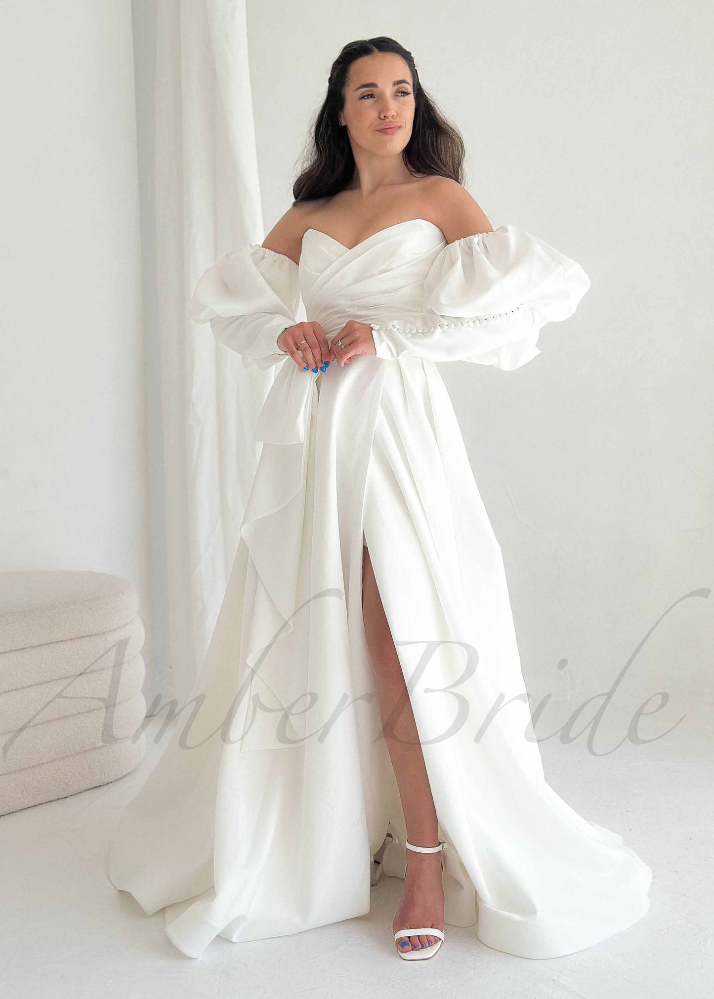 Strapless A Line Satin Wedding Dress with Detachable Bishop Sleeves