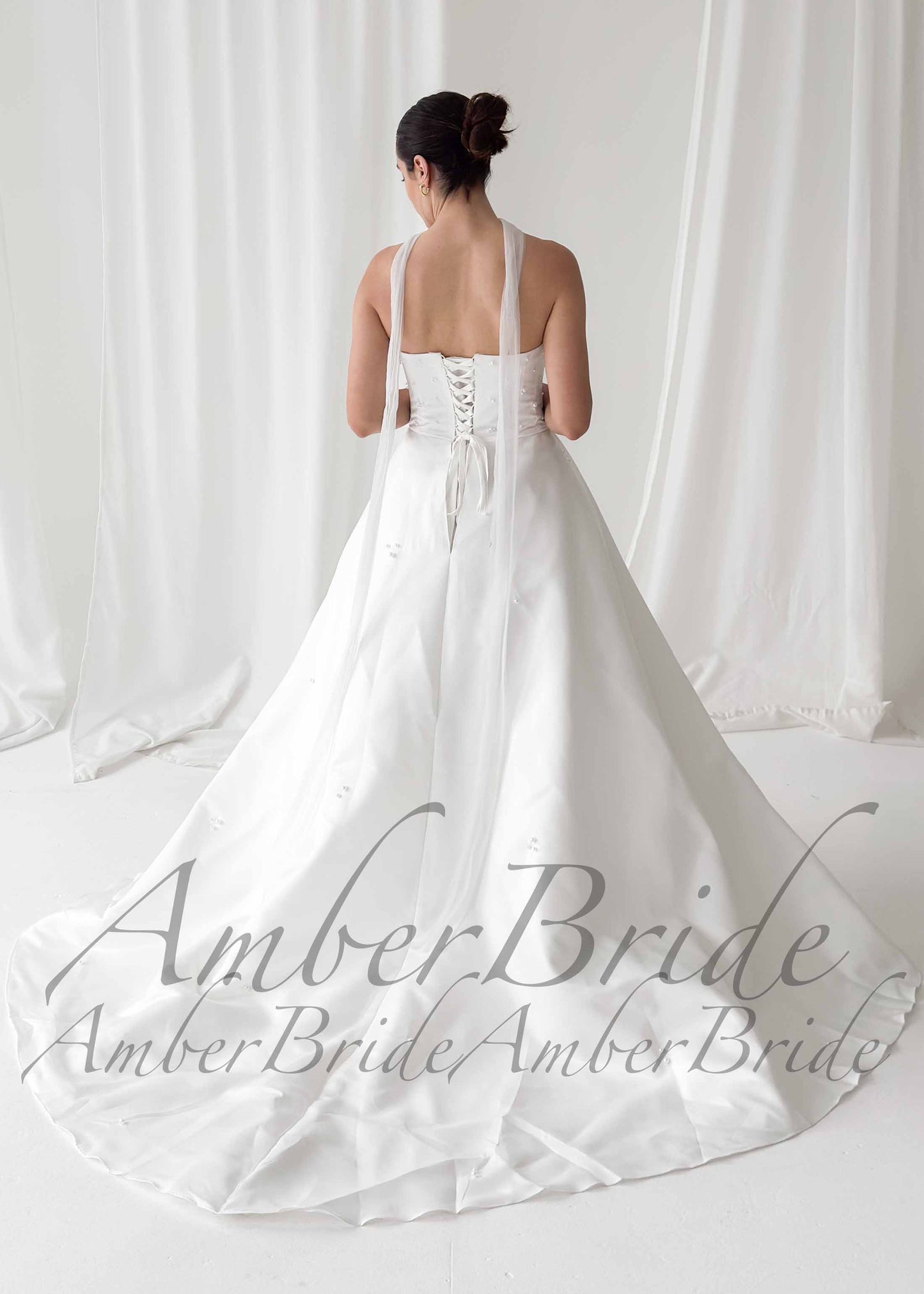Pearl Embellished Strapless Satin Ball Gown Wedding Dress