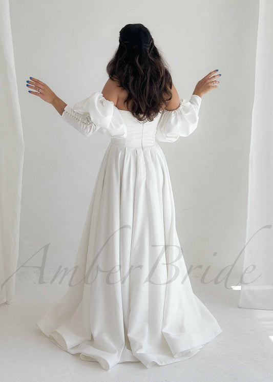 Strapless A Line Satin Wedding Dress with Detachable Bishop Sleeves