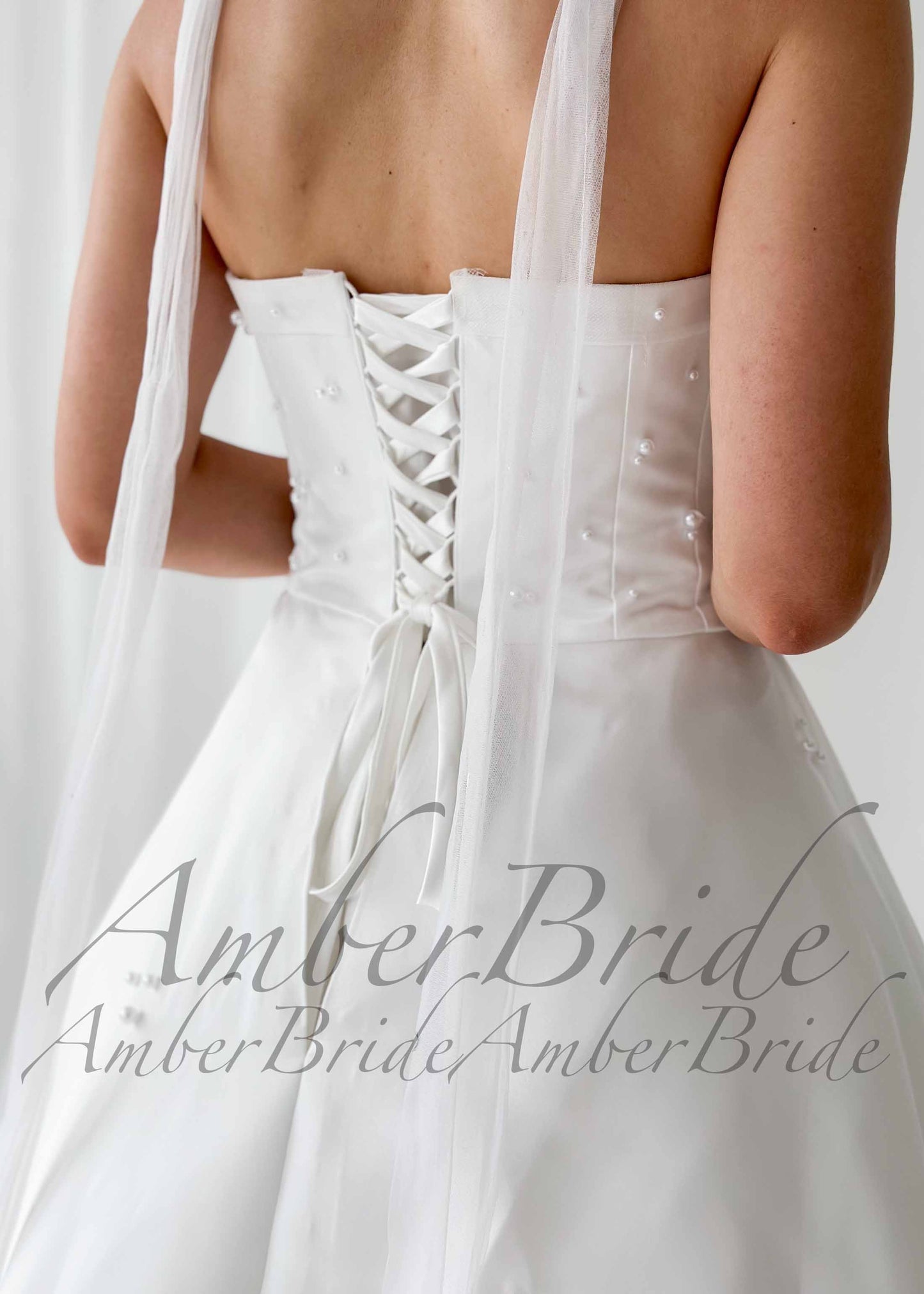 Pearl Embellished Strapless Satin Ball Gown Wedding Dress