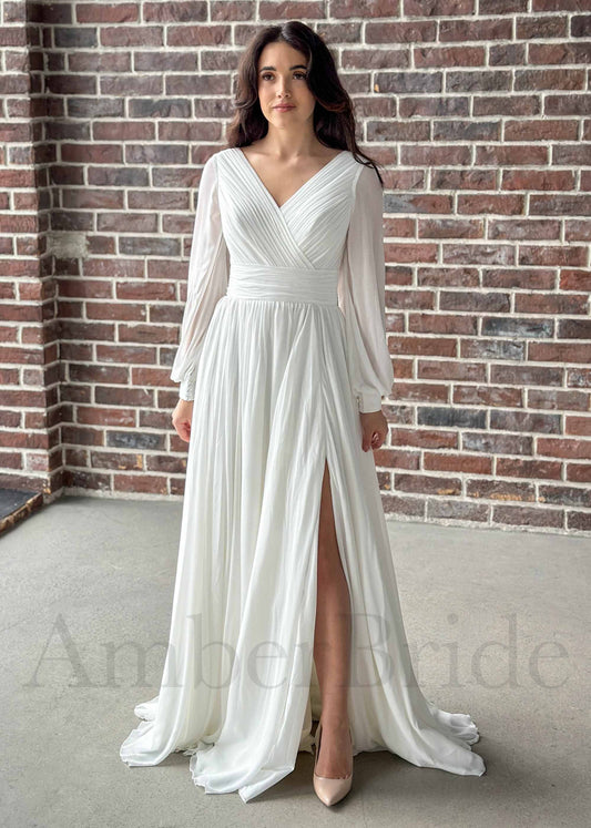 Simple A Line Chiffon Wedding Dress with Long Puffy Sleeves and Slit