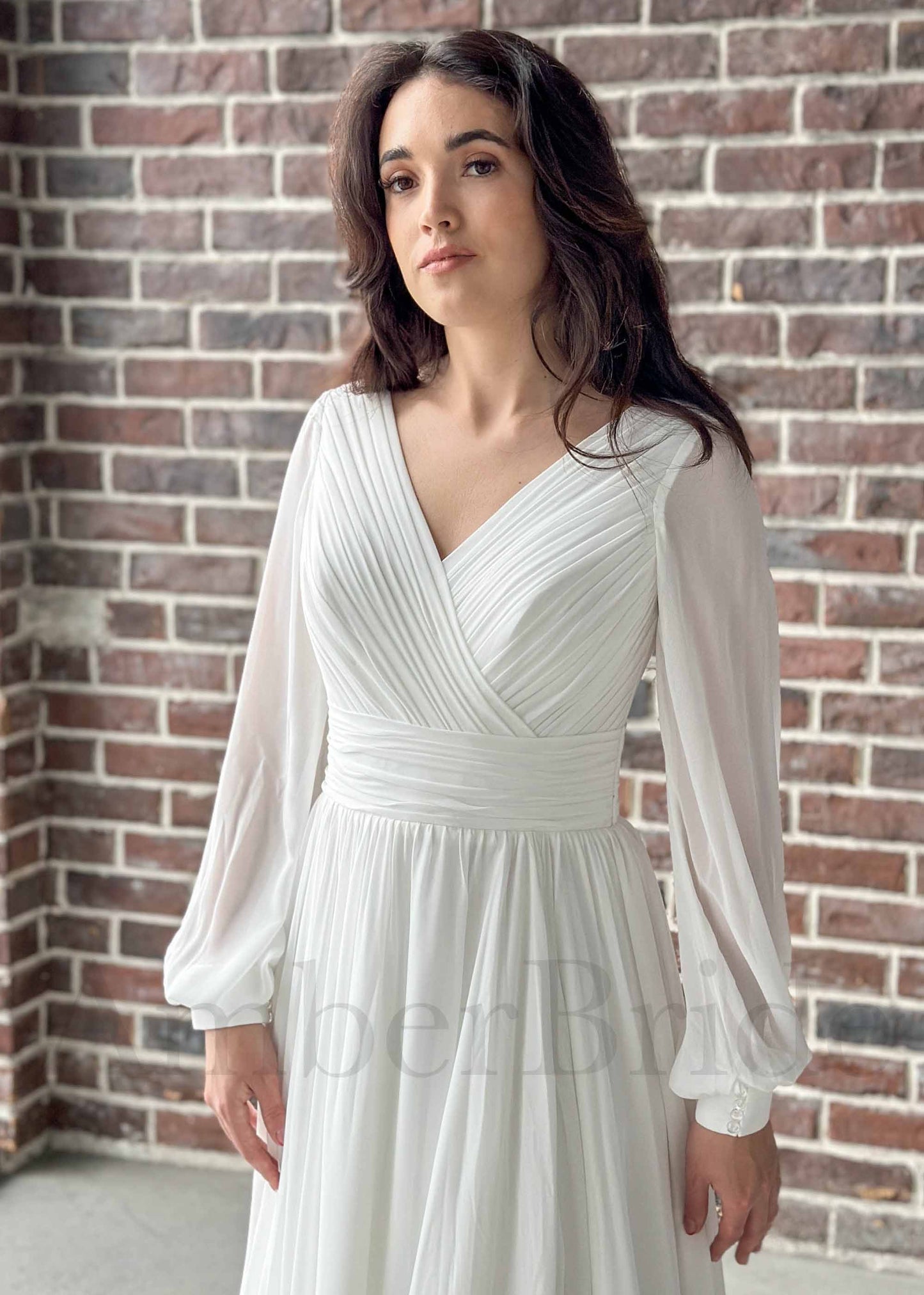 Simple A Line Chiffon Wedding Dress with Long Puffy Sleeves and Slit