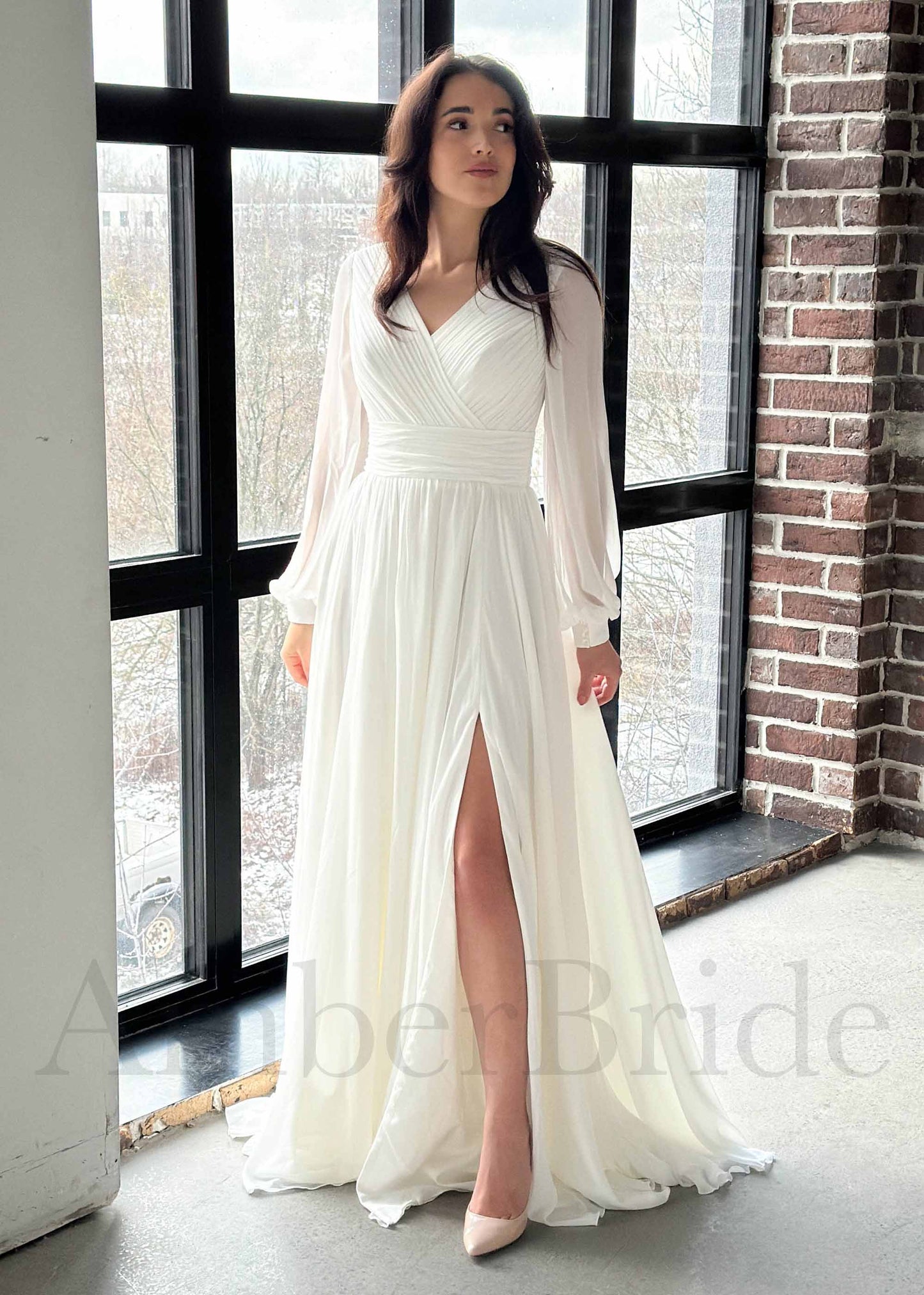 Simple A Line Chiffon Wedding Dress with Long Puffy Sleeves and Slit