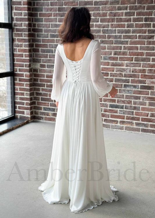 Simple A Line Chiffon Wedding Dress with Long Puffy Sleeves and Slit