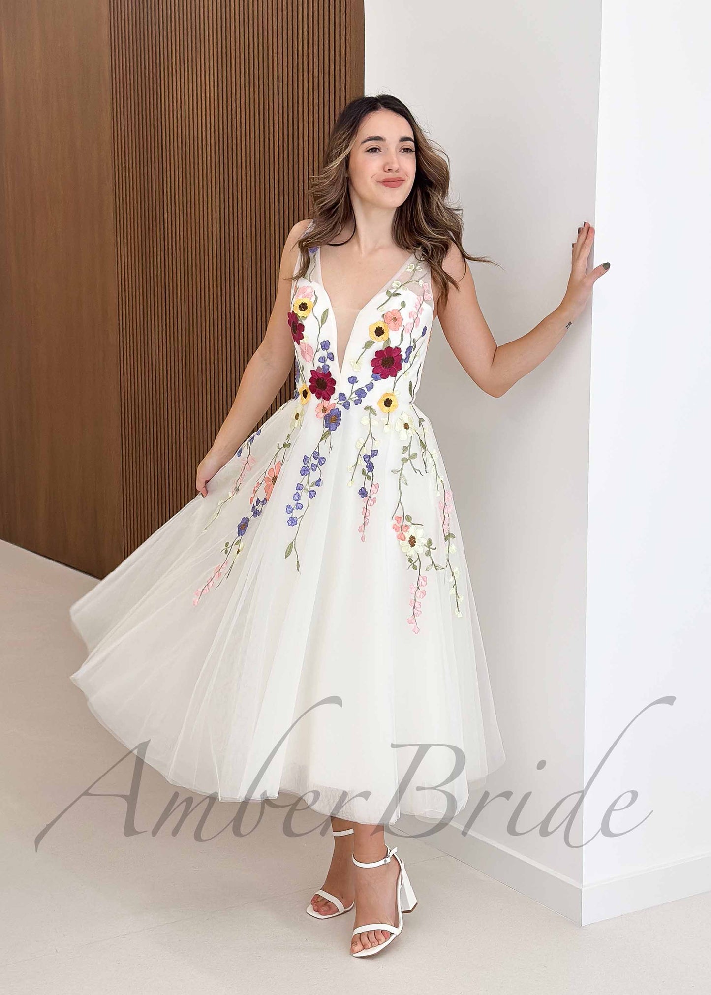 Short Colored Floral Wedding Dress with Open Back
