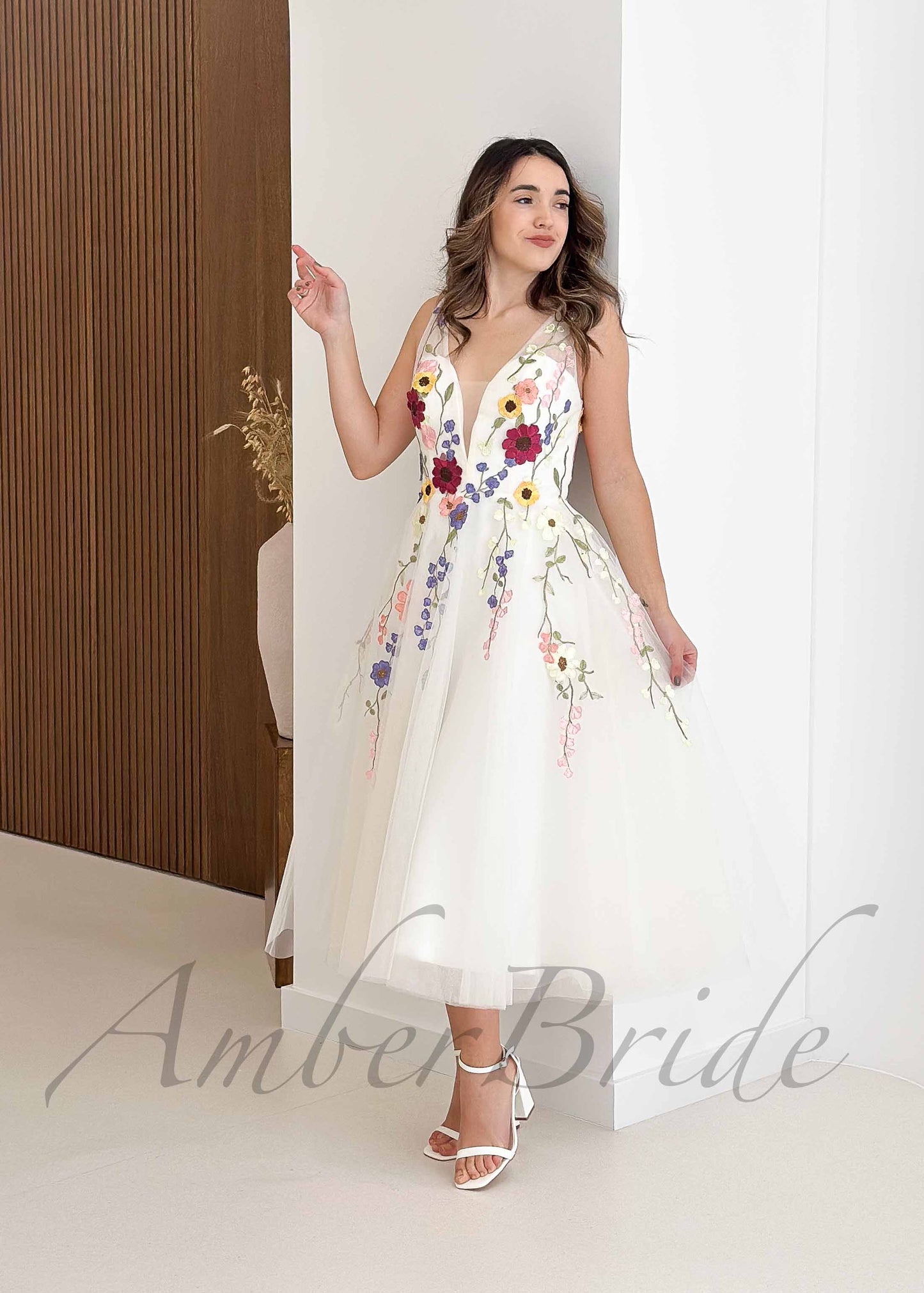Short Colored Floral Wedding Dress with Open Back