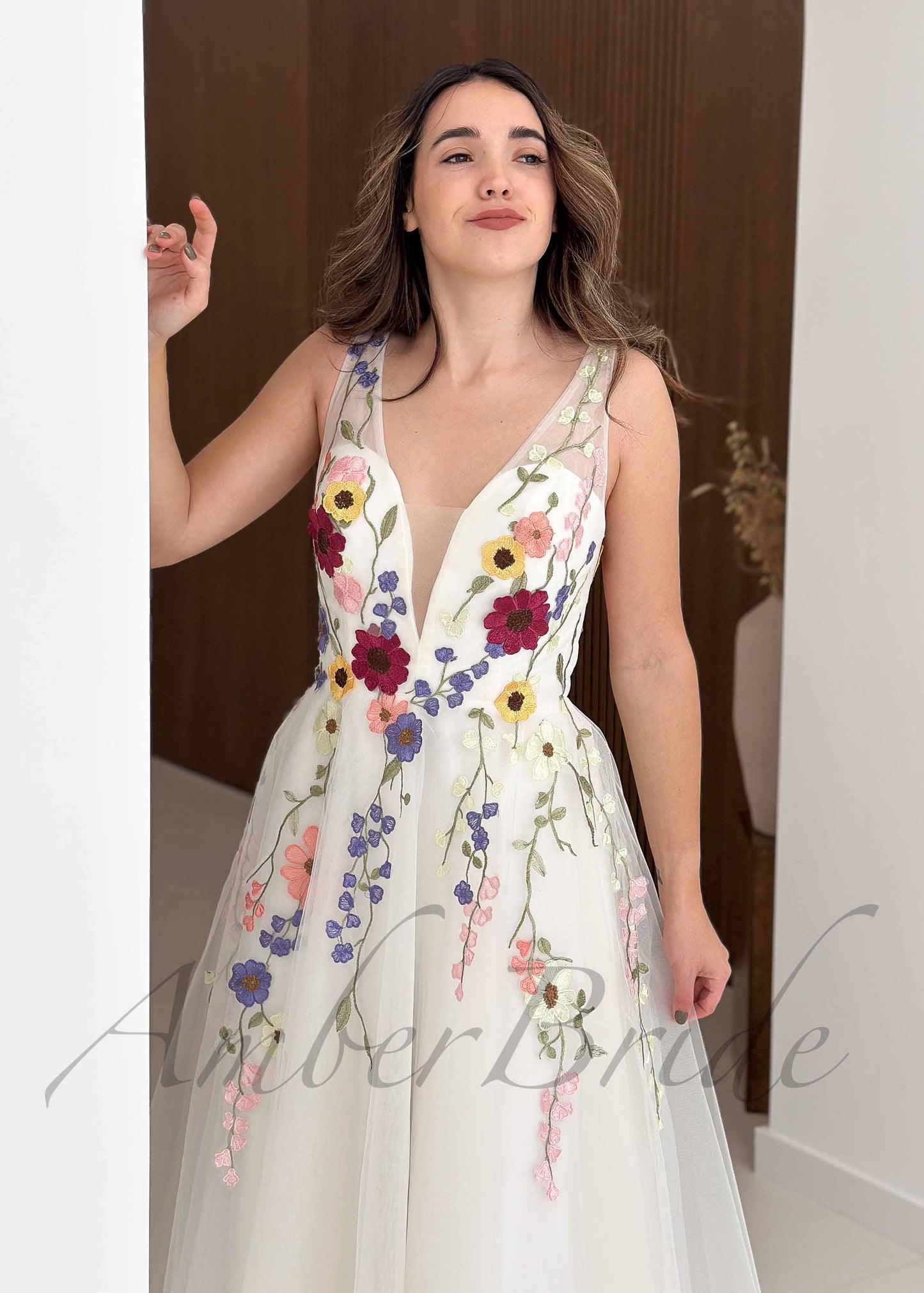 Short Colored Floral Wedding Dress with Open Back