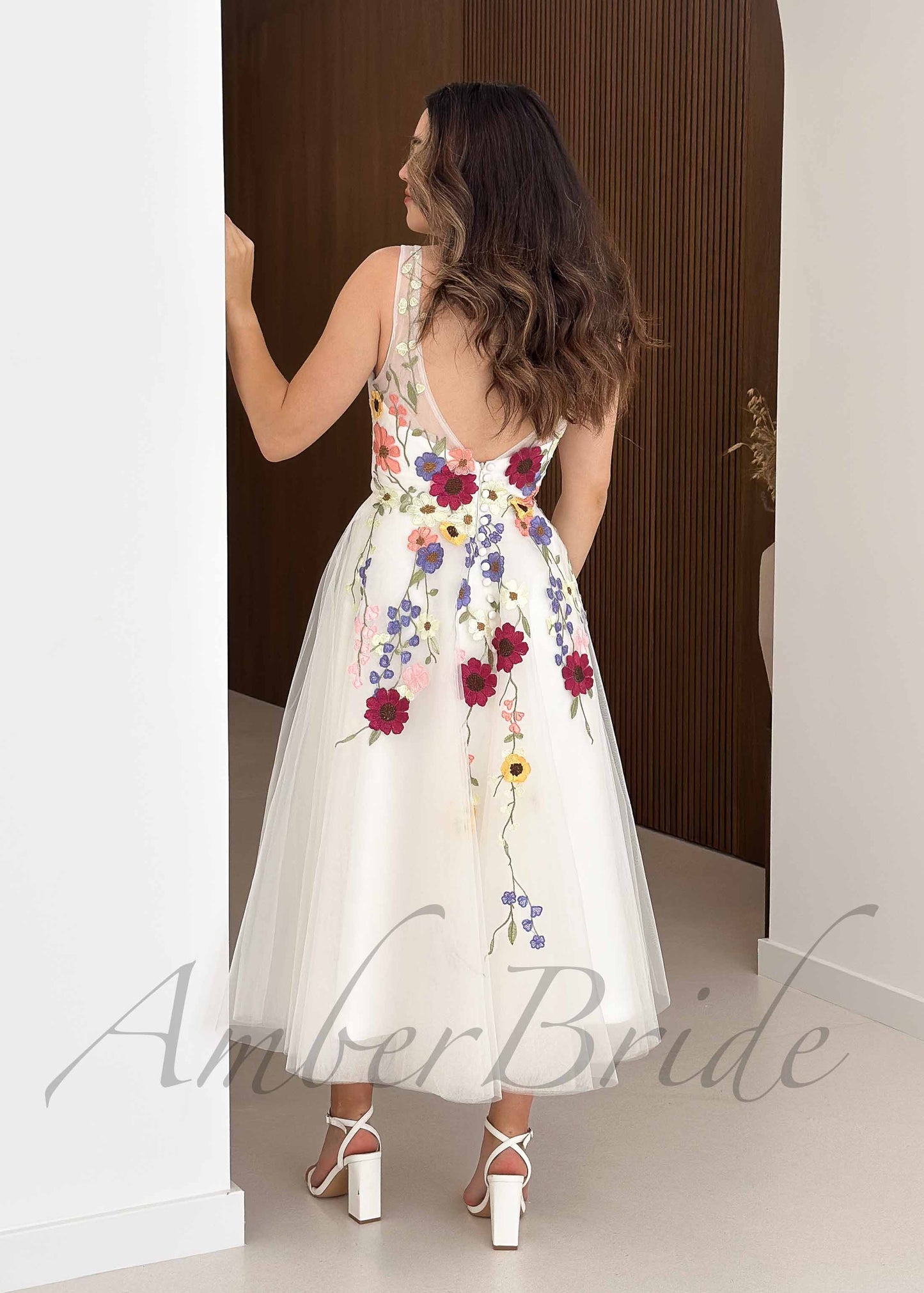 Short Colored Floral Wedding Dress with Open Back