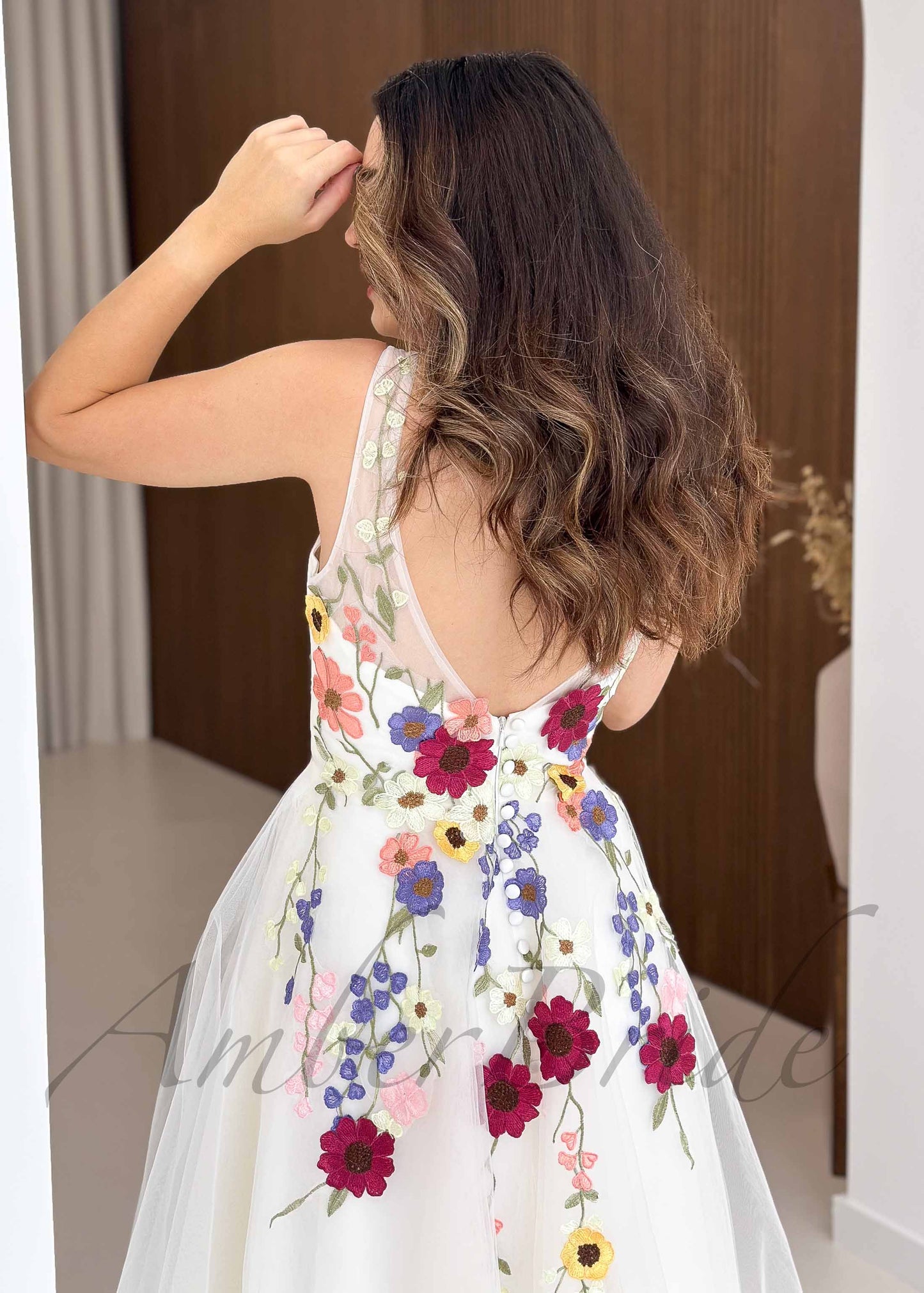 Short Colored Floral Wedding Dress with Open Back