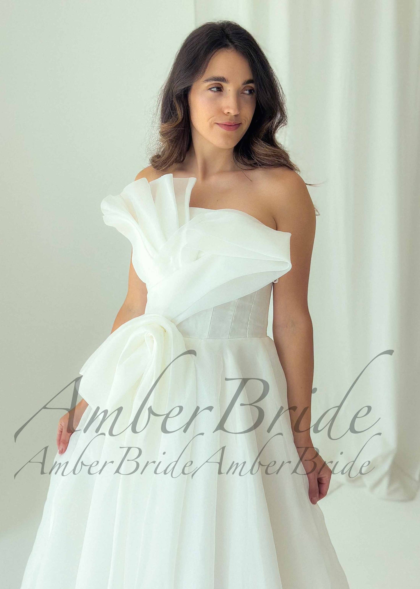 Modern Asymmetrical Organza Wedding Dress with Sculptural Bow