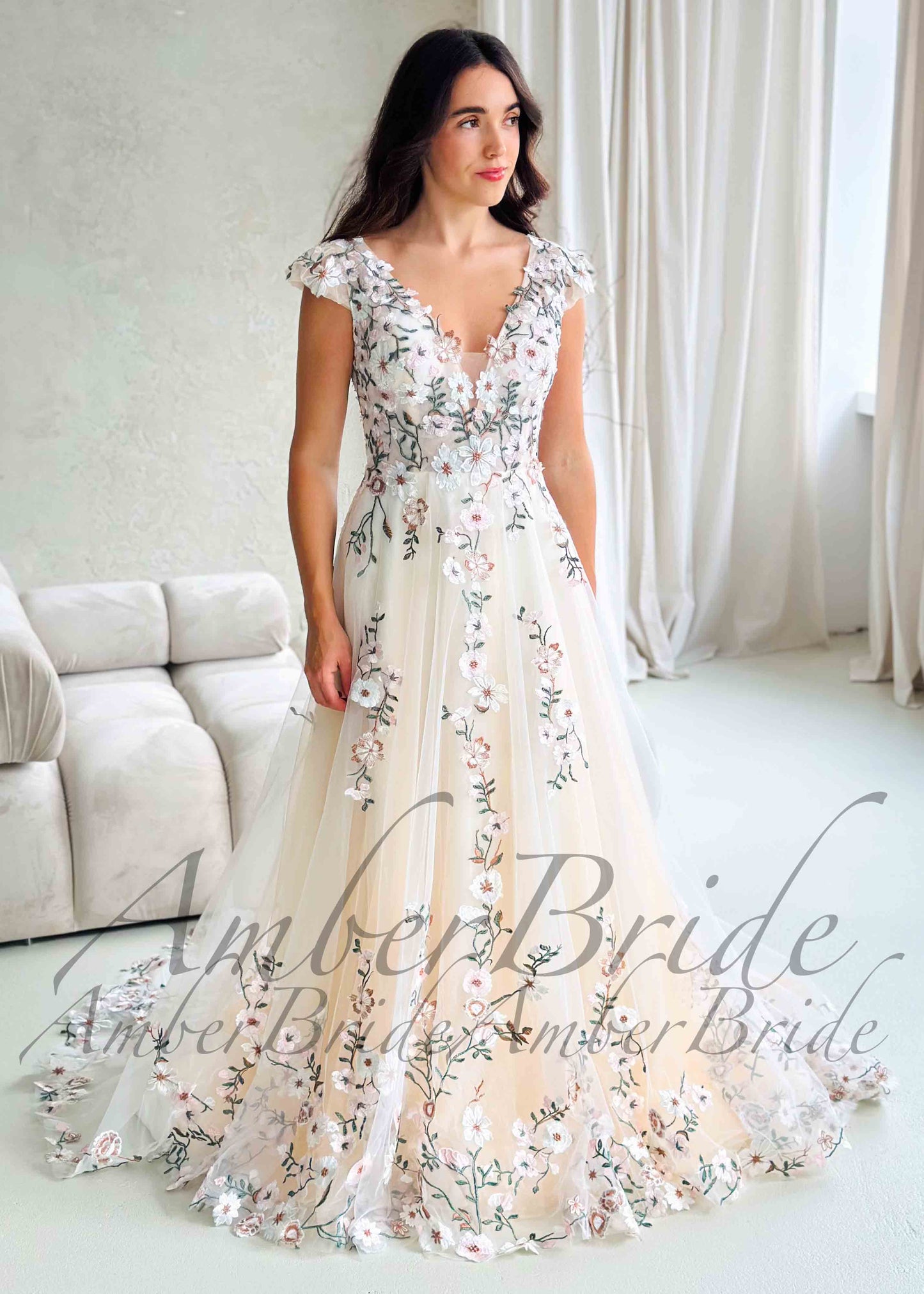 Romantic A-Line Wedding Dress with Floral Embroidery and Cap Sleeve