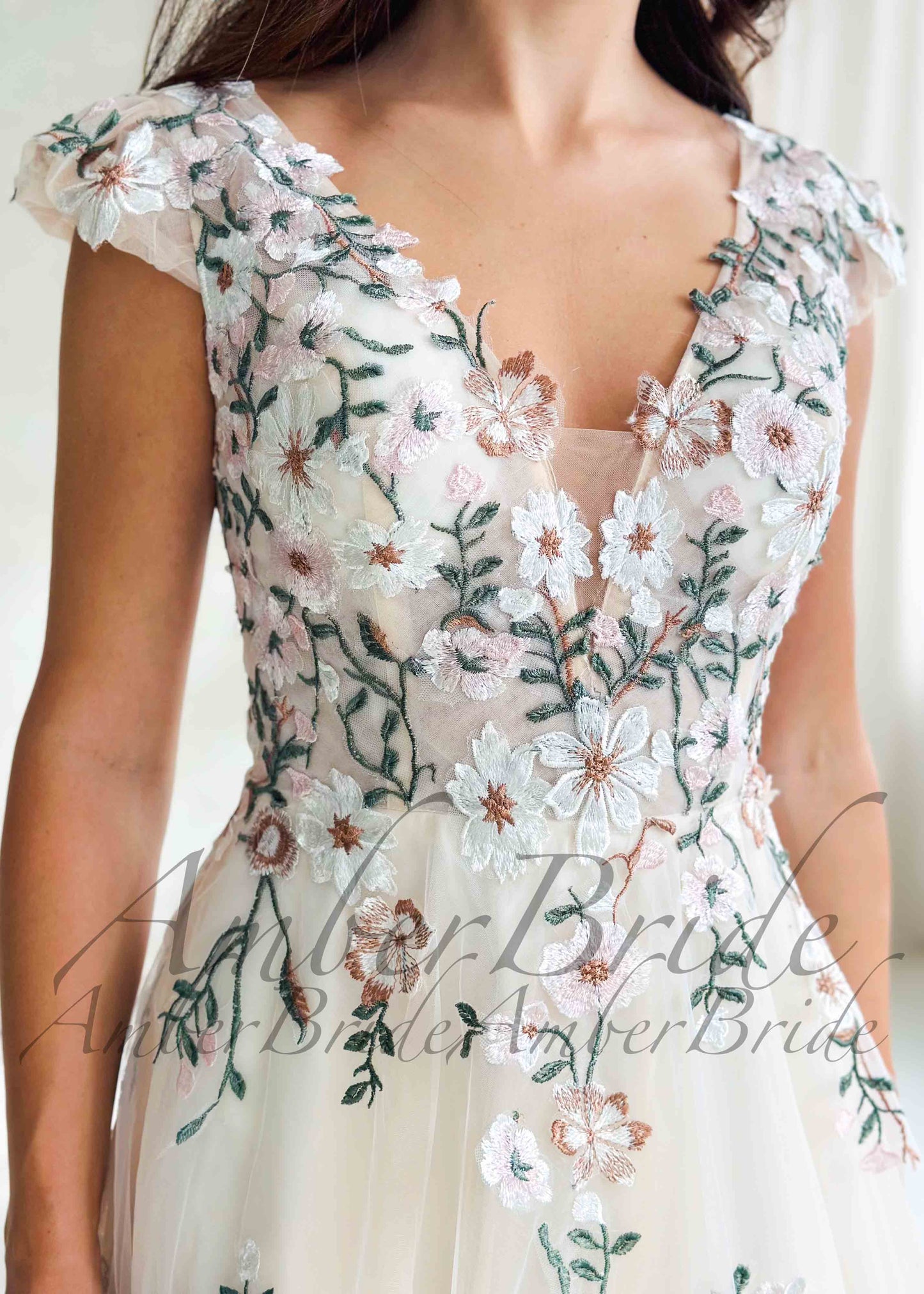 Romantic A-Line Wedding Dress with Floral Embroidery and Cap Sleeve