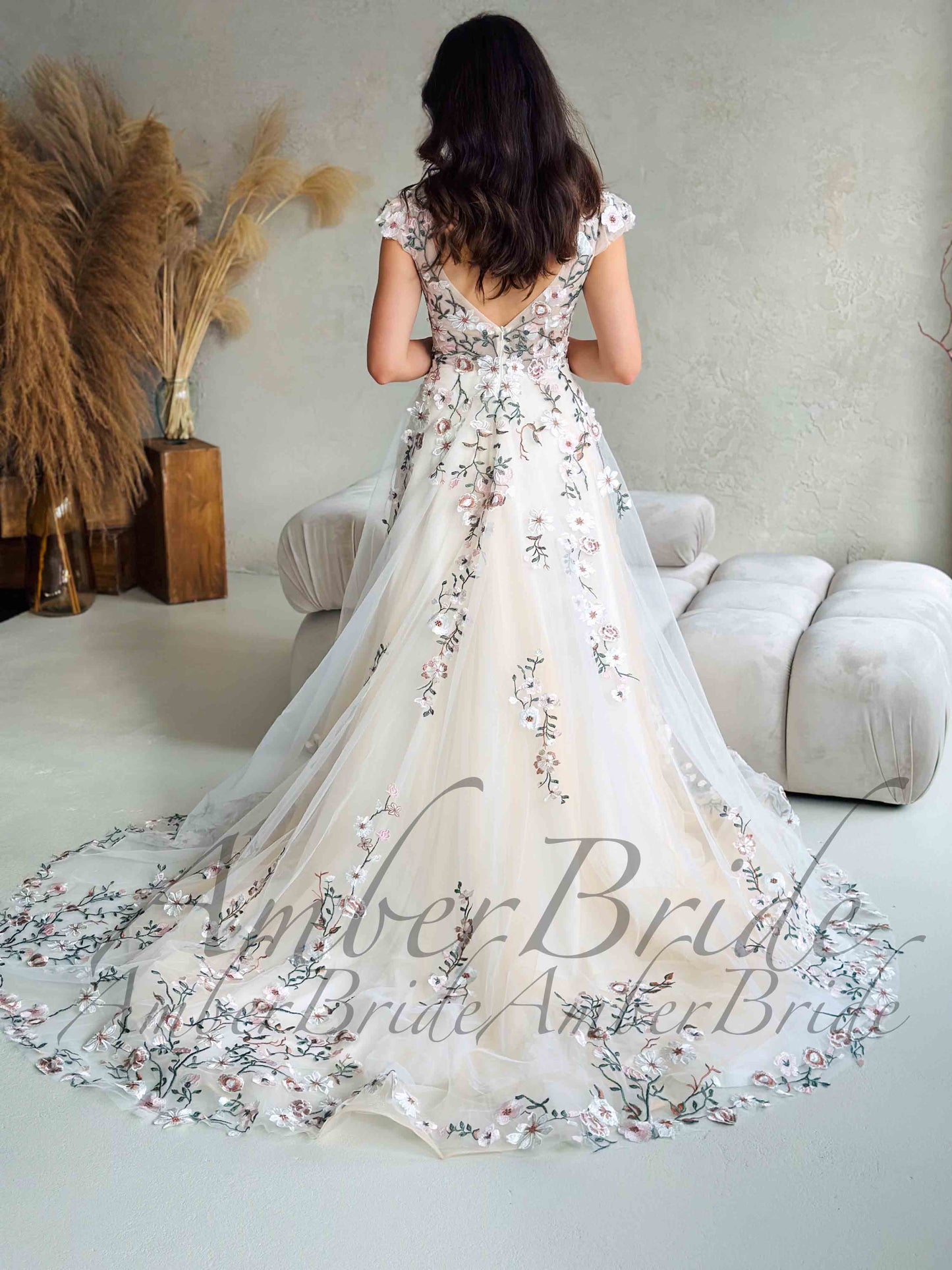 Romantic A-Line Wedding Dress with Floral Embroidery and Cap Sleeve