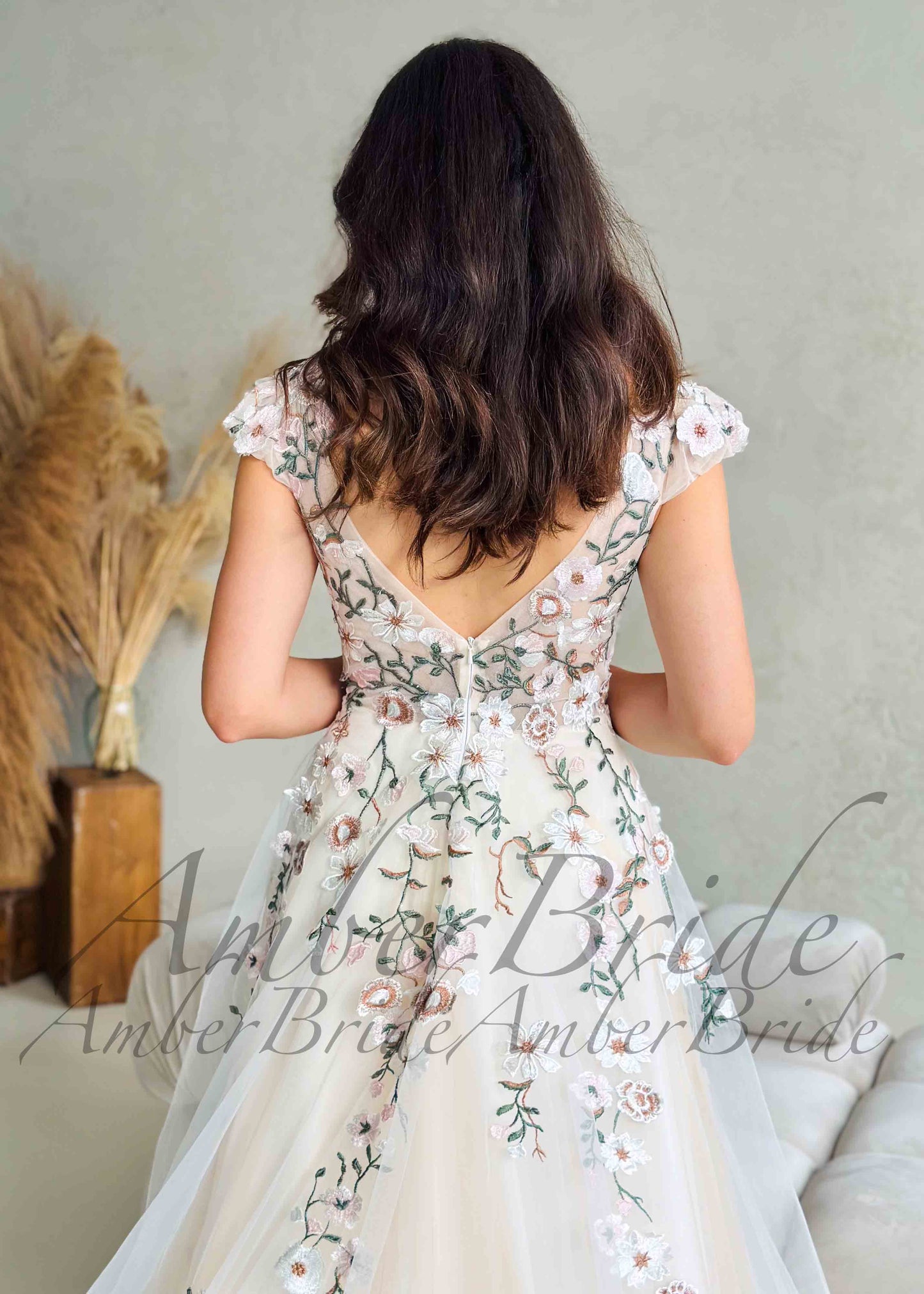 Romantic A-Line Wedding Dress with Floral Embroidery and Cap Sleeve