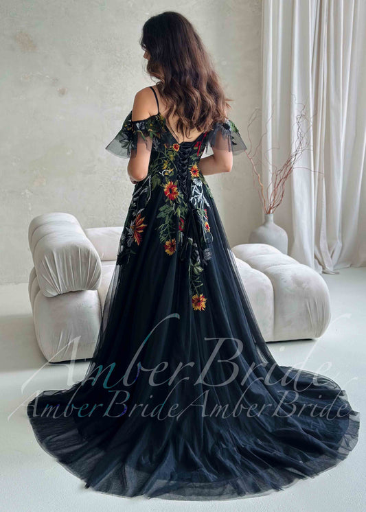 Black Floral Embroidered Wedding Dress with Off-Shoulder Tulle Sleeves – back view | AmberBride