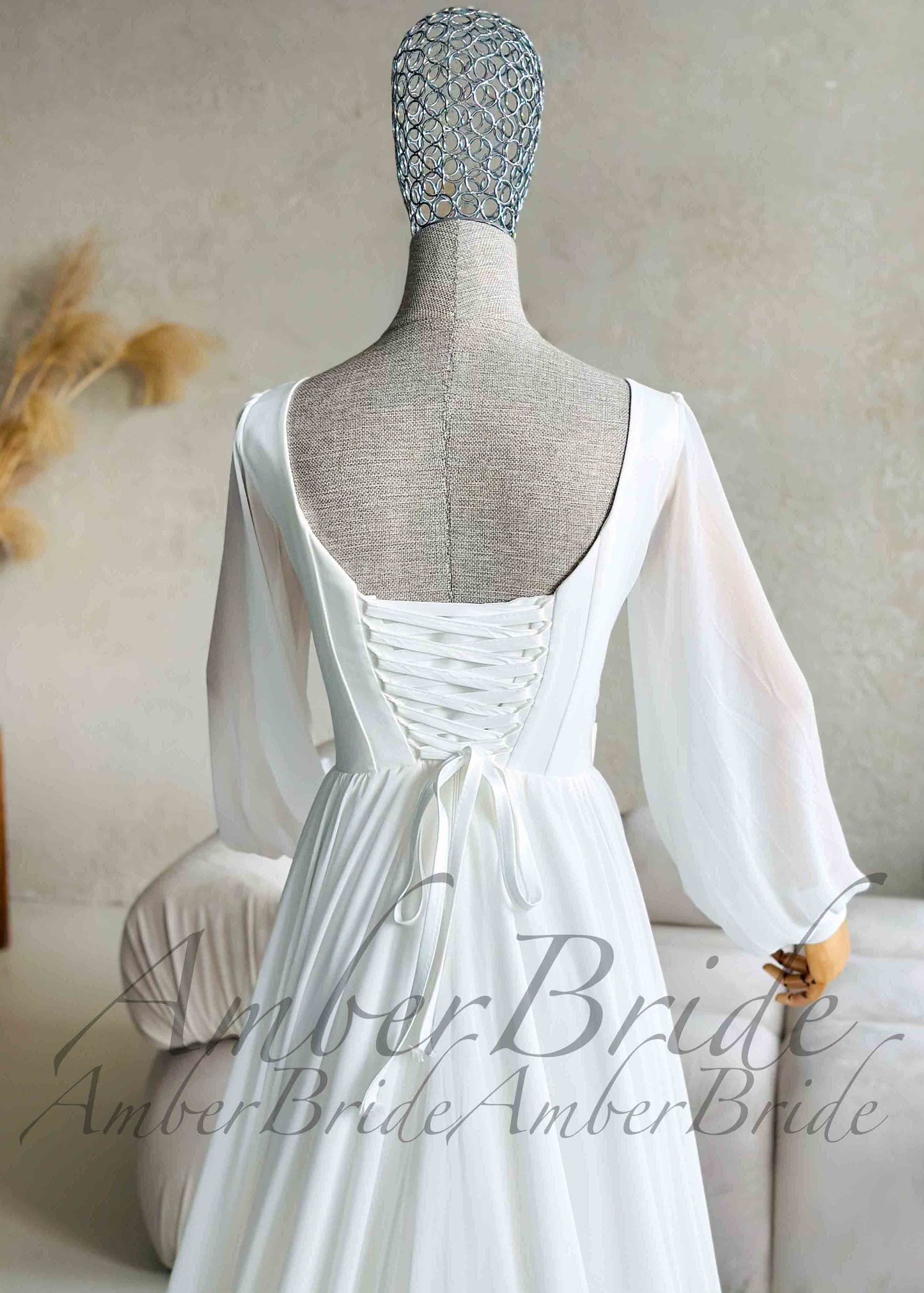 Elegant Flowy Chiffon Wedding Dress with Long Puffy Sleeve and Open Back