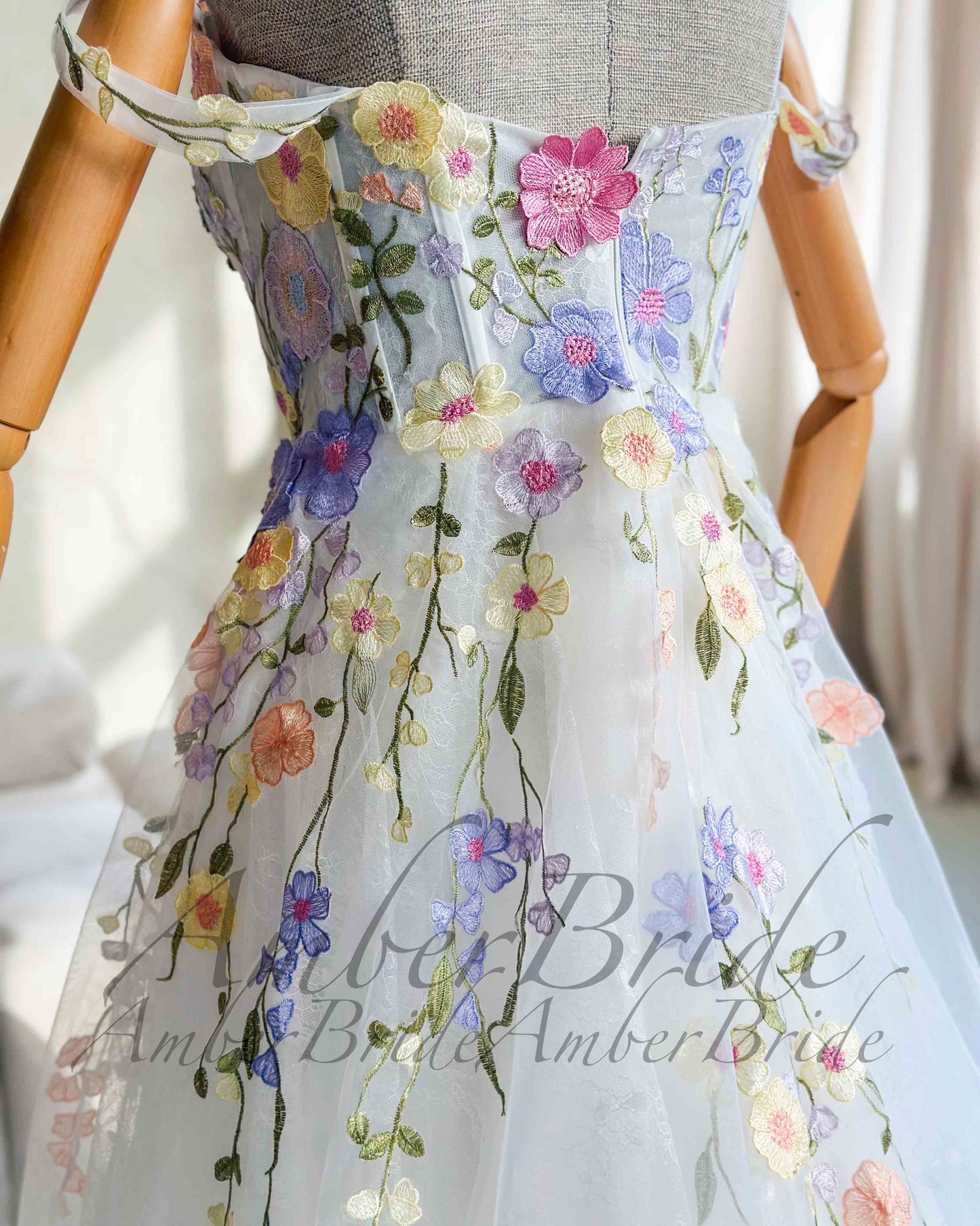 Colorful Floral Wedding Dress with Detachable Puffy Sleeves