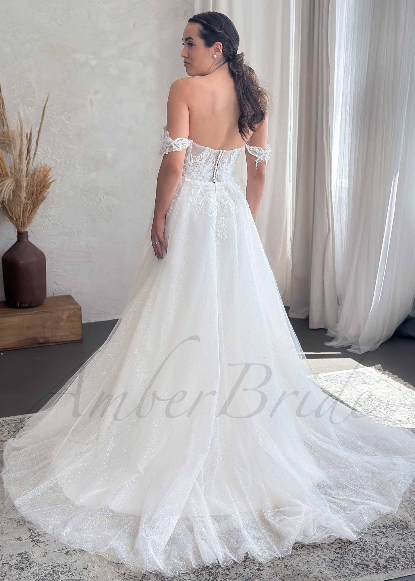 Romantic A Line Tulle Wedding Dress with Detachable Off Shoulder Sleeves