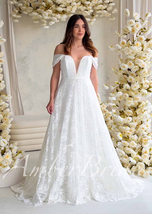 Romantic A-Line Lace Wedding Dress with Off-Shoulder Sleeves and Deep V-Neckline