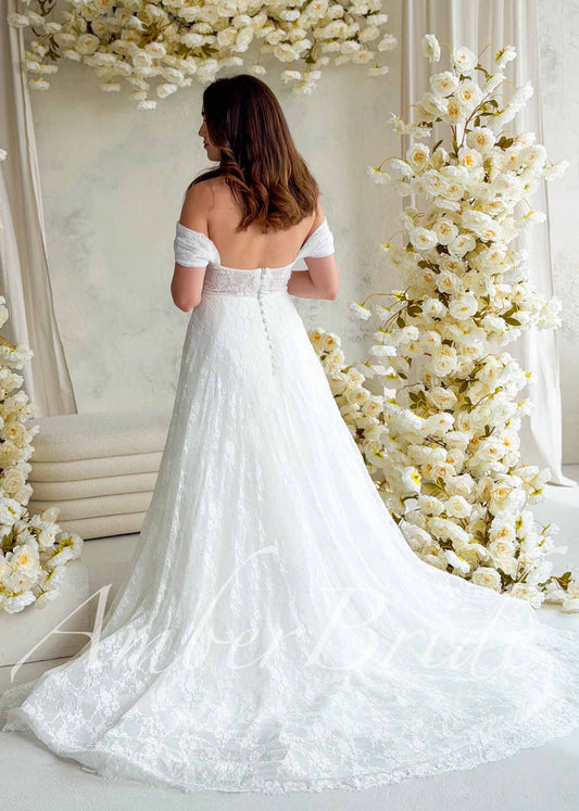 Romantic A-Line Lace Wedding Dress with Off-Shoulder Sleeves and Deep V-Neckline