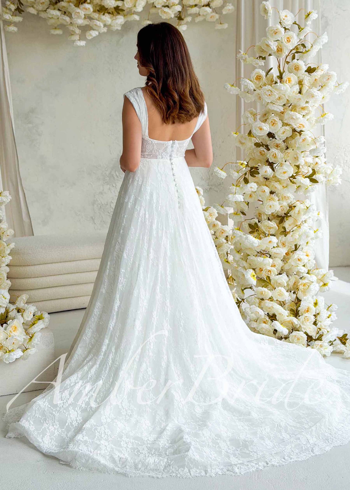 Romantic A-Line Lace Wedding Dress with Off-Shoulder Sleeves and Deep V-Neckline