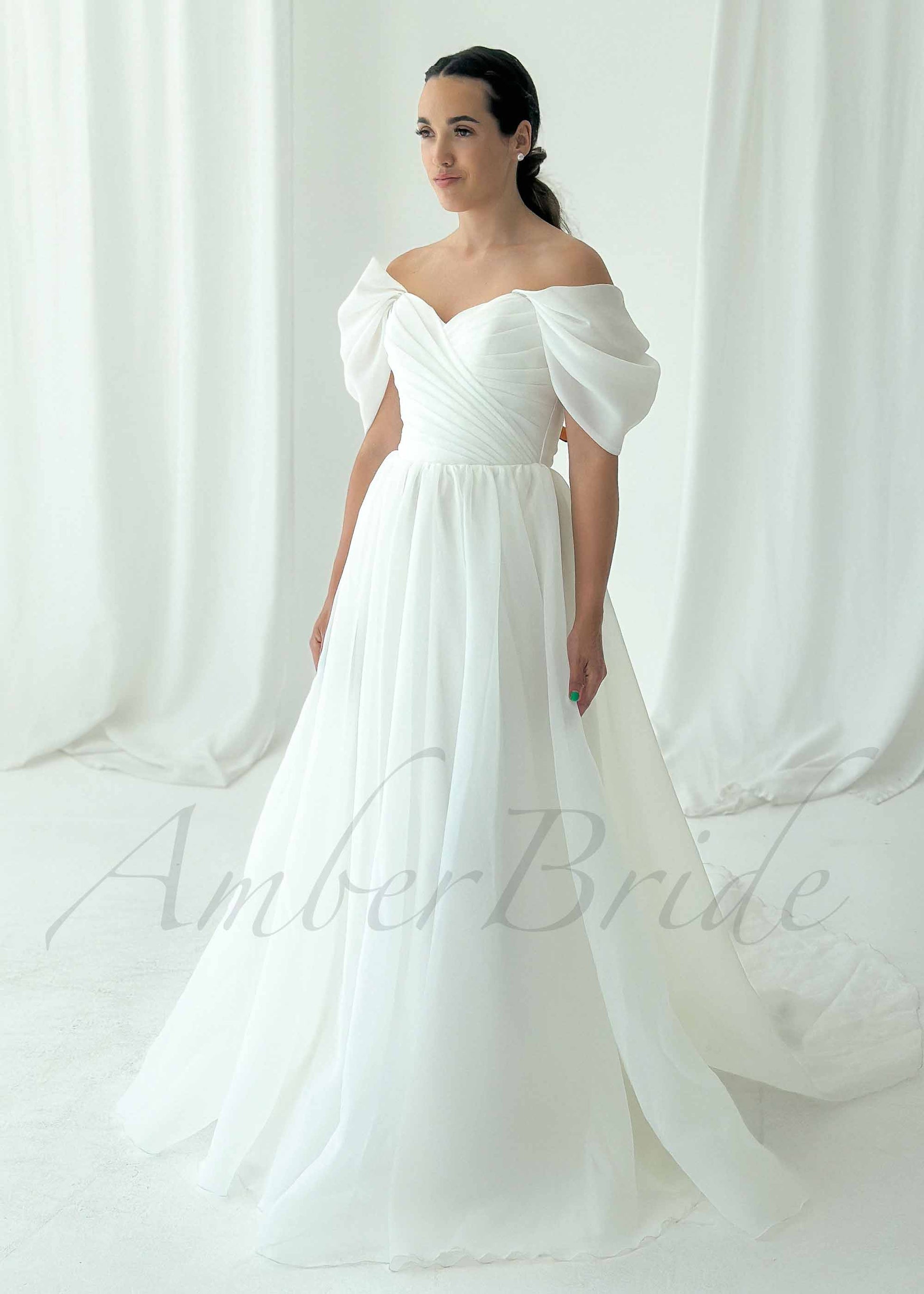 Classic A Line Organza Wedding Dress with Off Shoulder Design and Corset