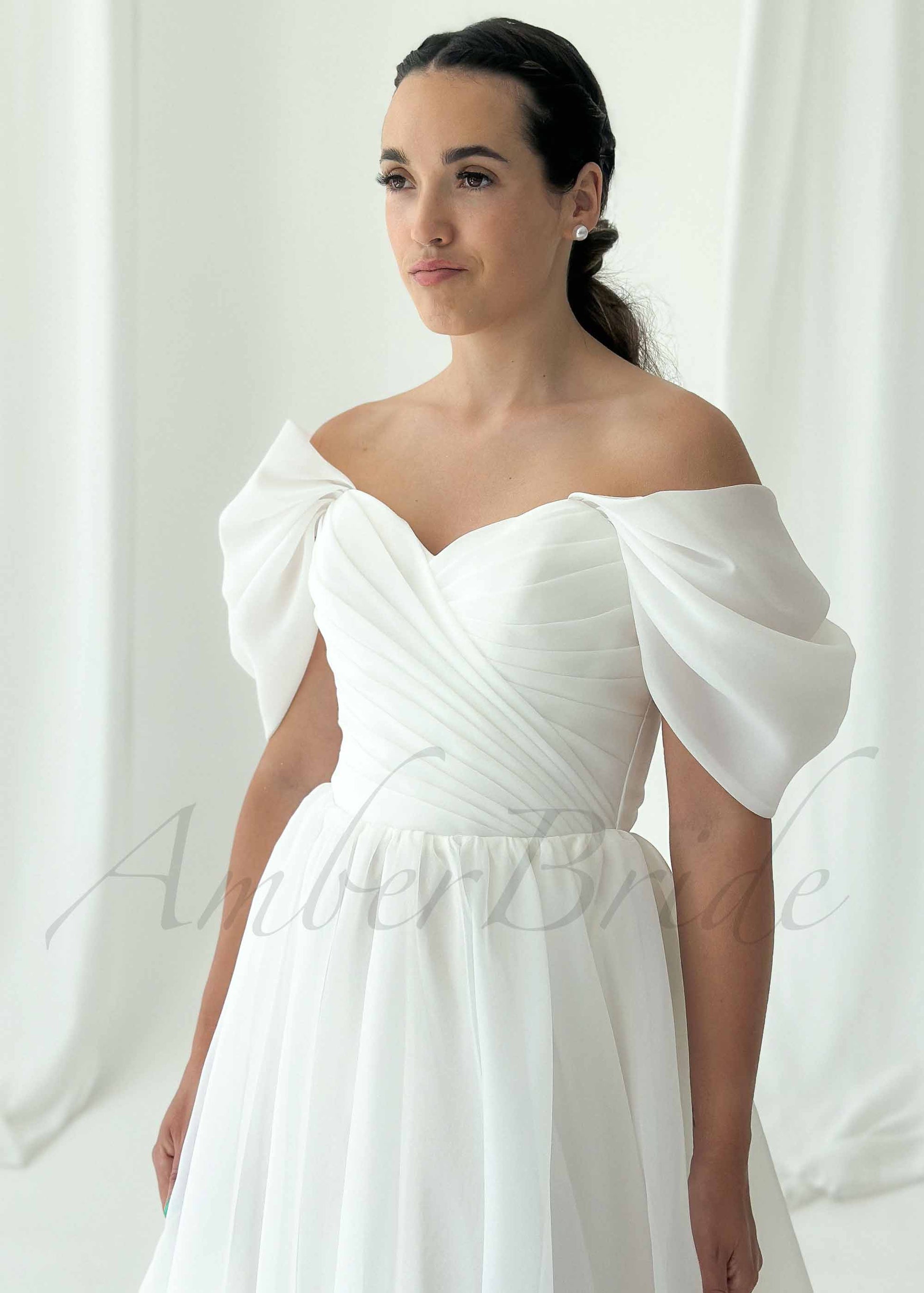 Classic A Line Organza Wedding Dress with Off Shoulder Design and Corset