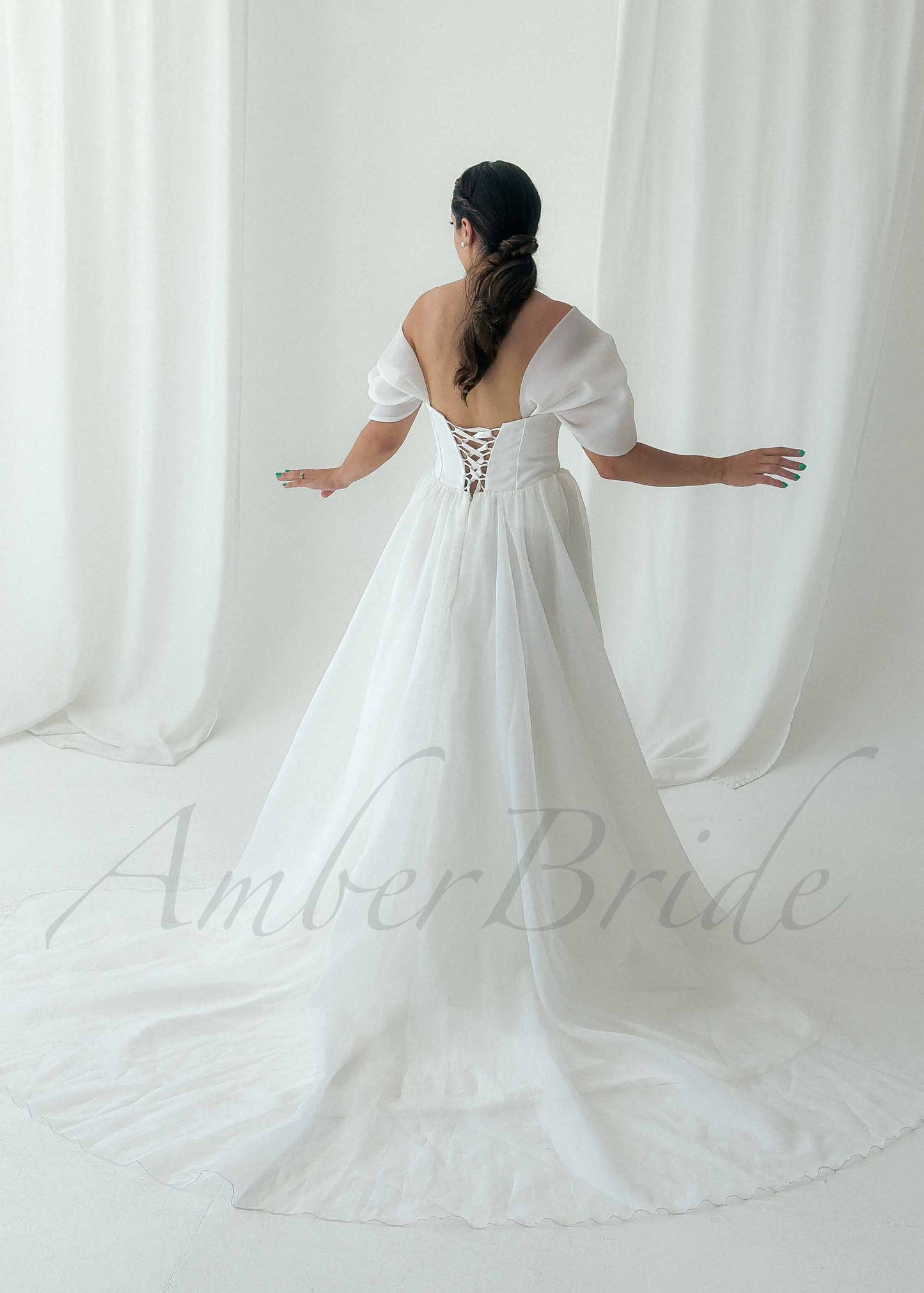 Classic A Line Organza Wedding Dress with Off Shoulder Design and Corset
