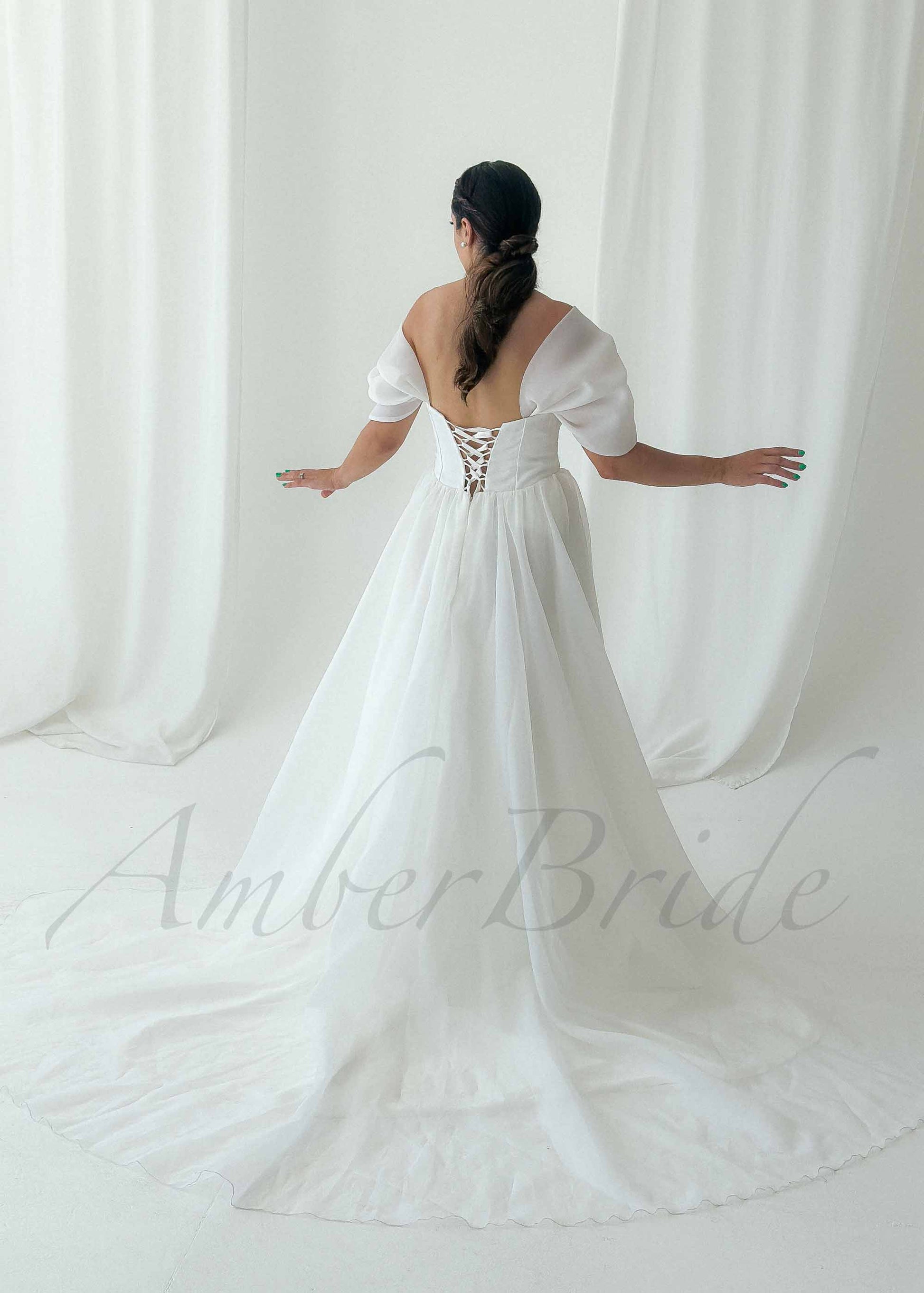 Classic A Line Organza Wedding Dress with Off Shoulder Design and Corset