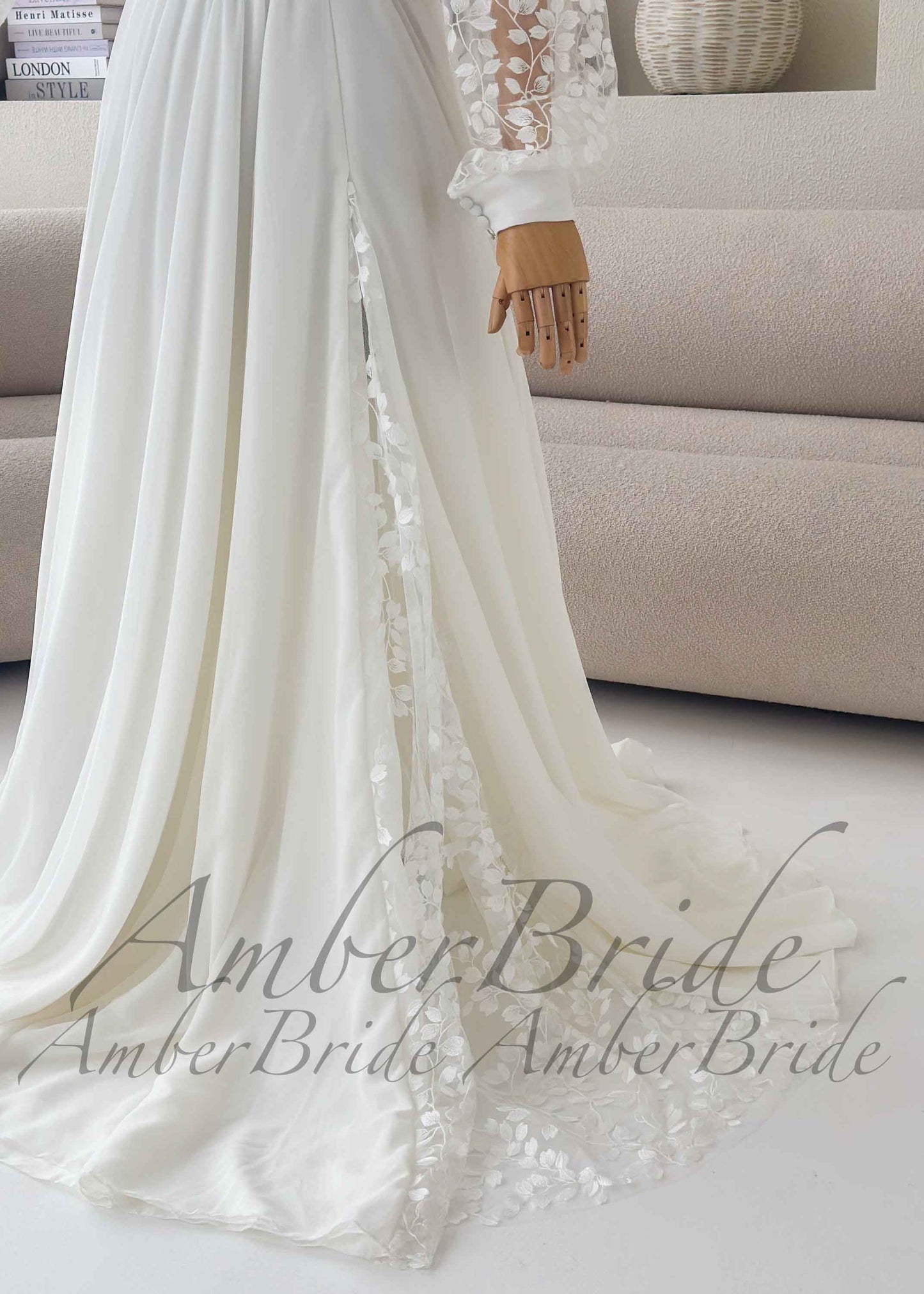 Minimalist Chiffon A-Line Wedding Dress with Lace Slit and Bishop Sleeves