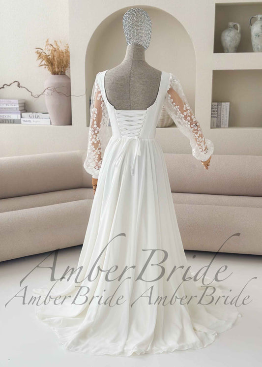 Minimalist Chiffon A-Line Wedding Dress with Lace Slit and Bishop Sleeves