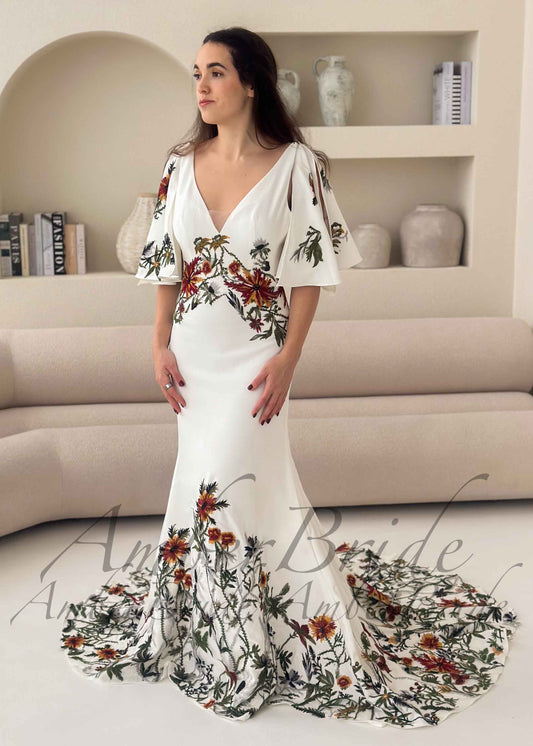 Bohemian Crepe Mermaid Wedding Dress with Earthy Floral Embroidery and Detachable Flutter Sleeves