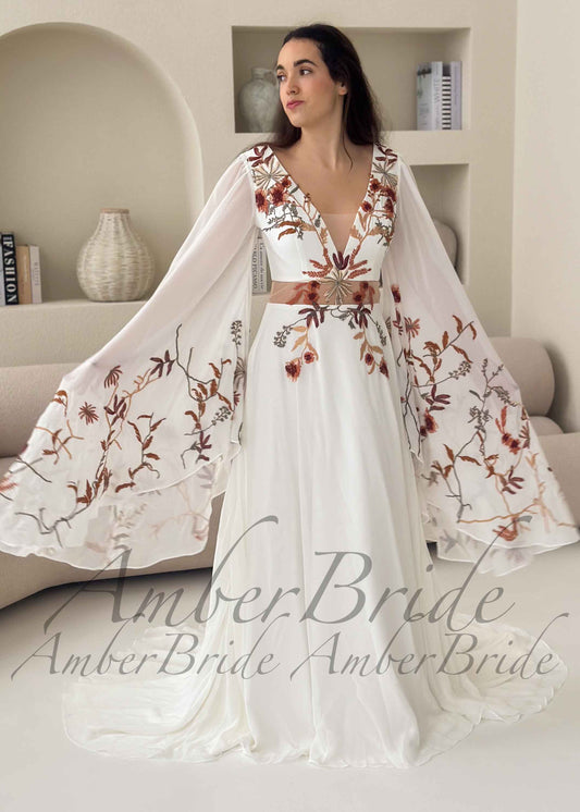 Bohemian Rust Floral Embroidered Wedding Dress with Dramatic Wing Sleeves
