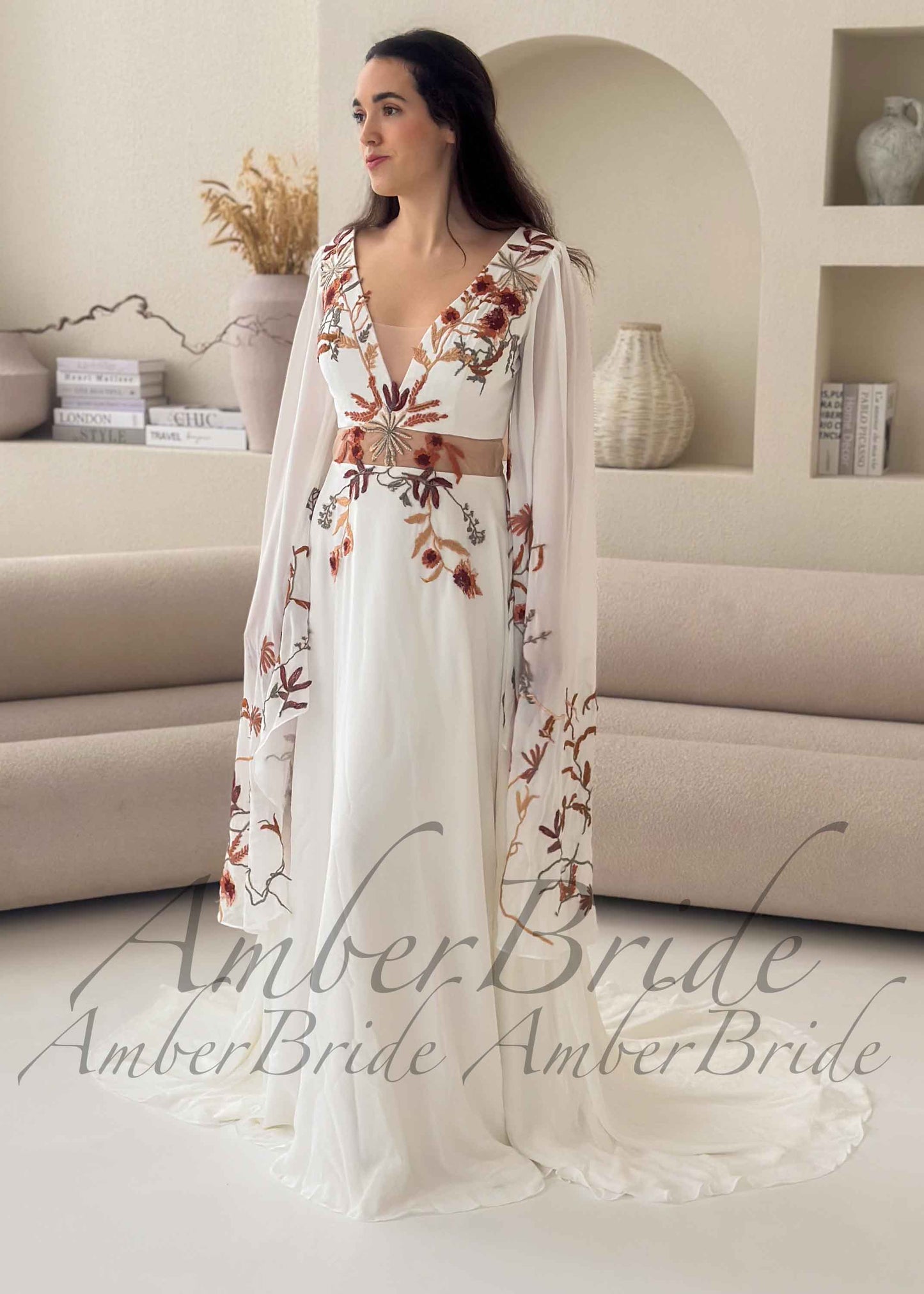Bohemian Rust Floral Embroidered Wedding Dress with Dramatic Wing Sleeves